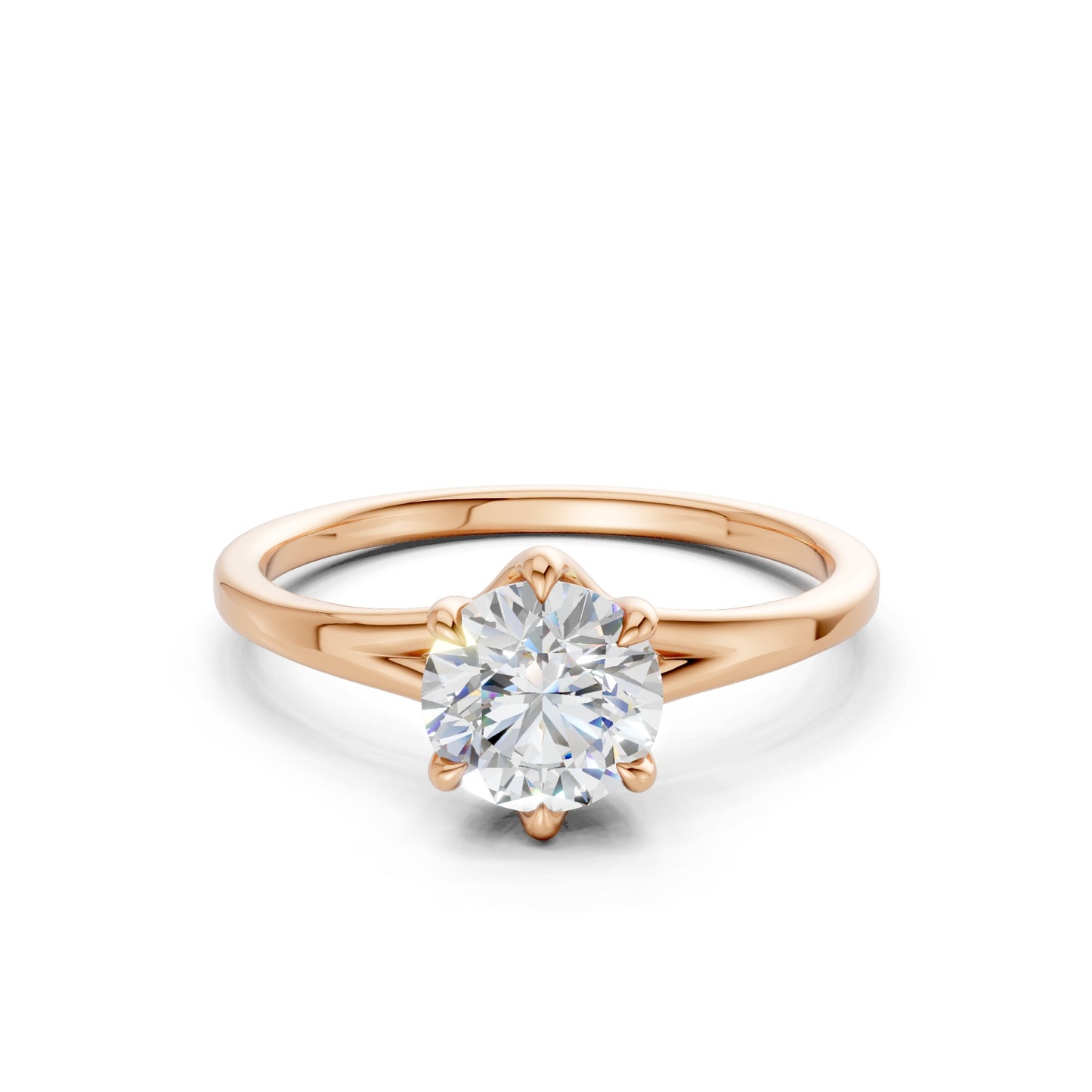 Frontal view of the Radiant Solitaire 1.0 CT Diamond Ring in rose gold, showcasing a brilliantly faceted radiant-cut diamond glowing against a soft, romantic blush-toned band.