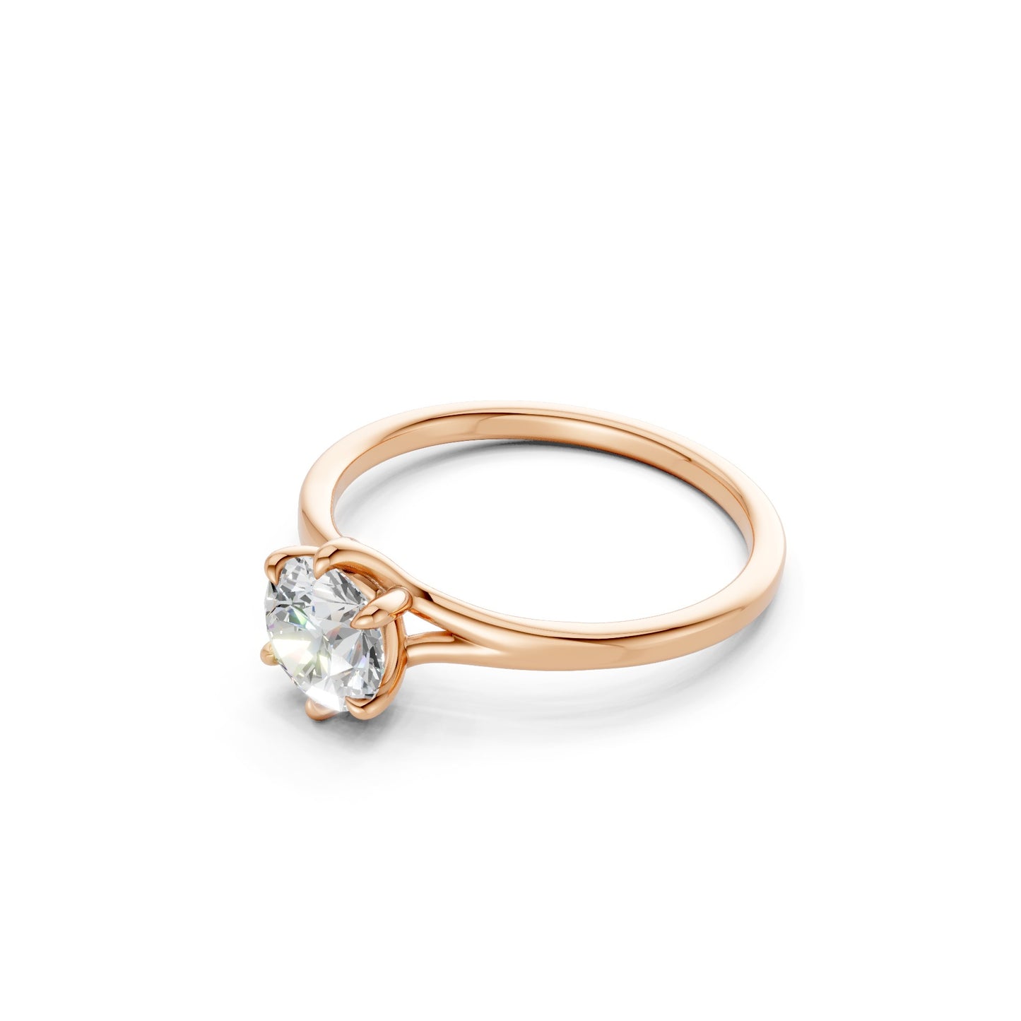 Profile view of the ring in rose gold, revealing the four-prong setting that elevates the radiant-cut diamond with a gentle, feminine elegance.