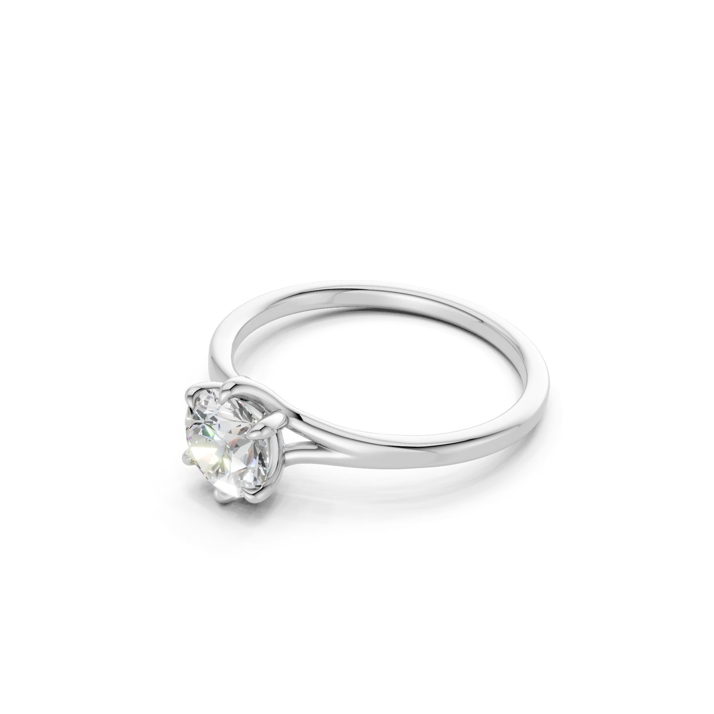 Side view capturing the elevated prong setting and streamlined white gold band, creating an icy modern silhouette.
