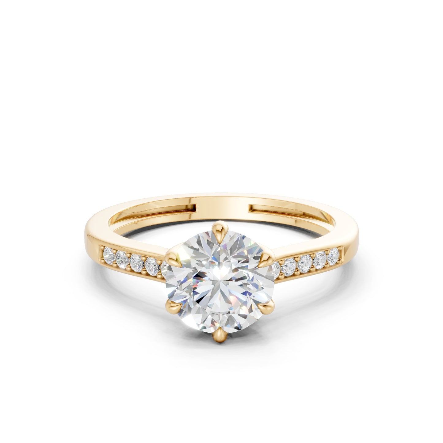 Frontal view of the Princess Radiance 1.6 CT Diamond Ring in yellow gold, featuring a brilliant princess-cut center diamond with complementary side stones, all glowing in classic gold.