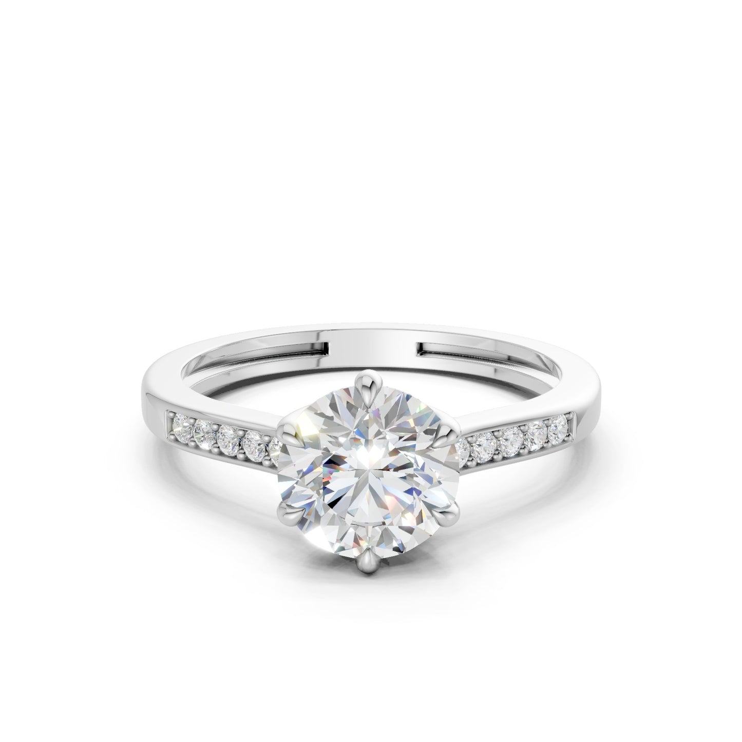 Frontal view of the Princess Radiance 1.6 CT Diamond Ring in white gold, centered with a sharply faceted princess-cut diamond flanked by twin accents in a cool-toned frame.