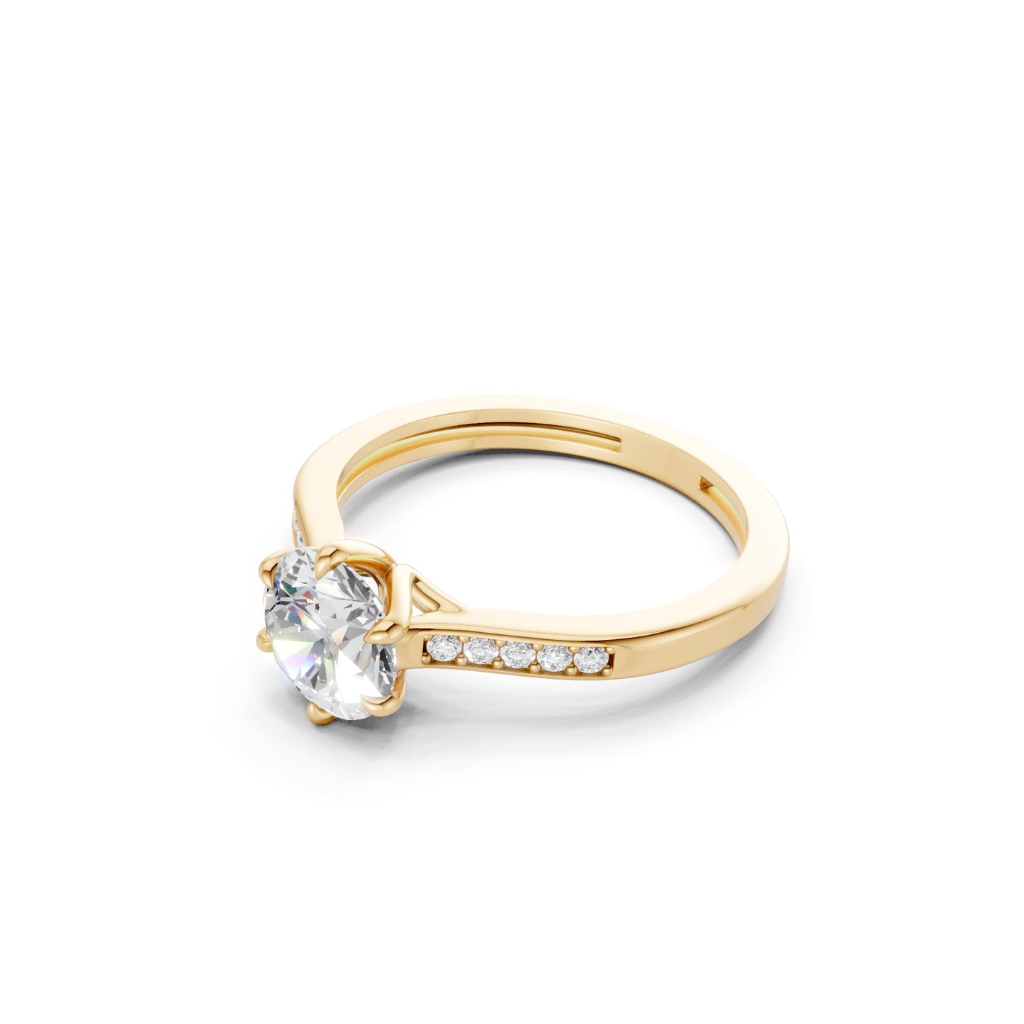 Side profile highlighting the angular elegance of the center diamond and the warm luster of the yellow gold setting.
