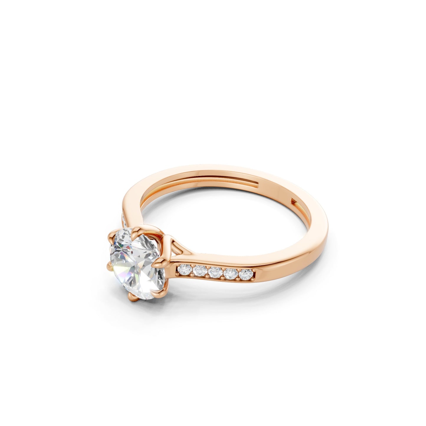 Profile view of the ring in rose gold, highlighting the elevated square-cut center stone and sleek band with warm, feminine undertones.