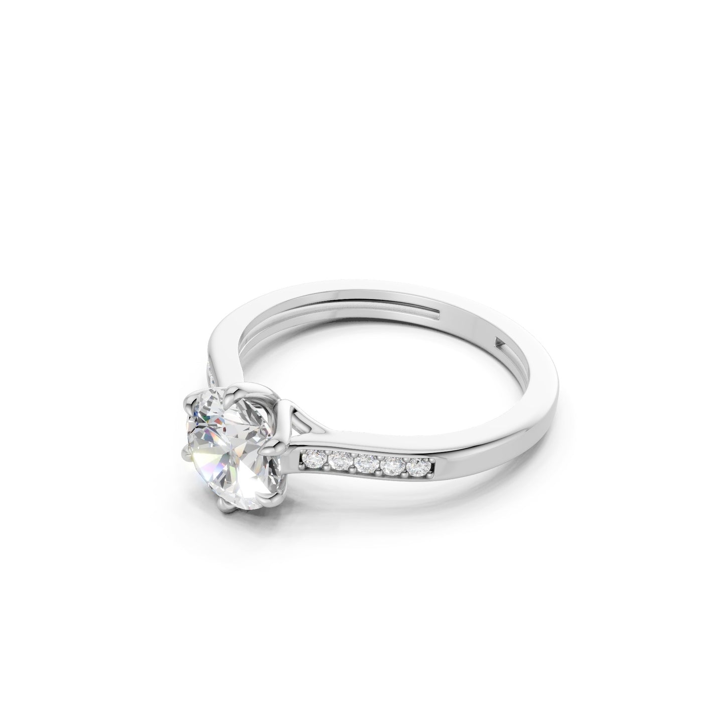 Side profile capturing the modern lift of the square-cut stone and the polished elegance of the white gold band.