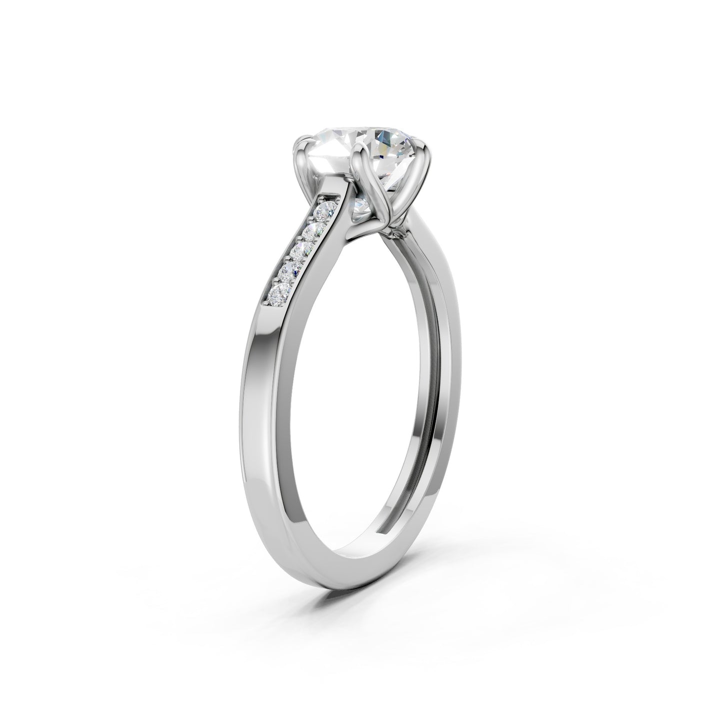 Overhead view presenting perfect alignment of the princess-cut trio on a streamlined white gold band.