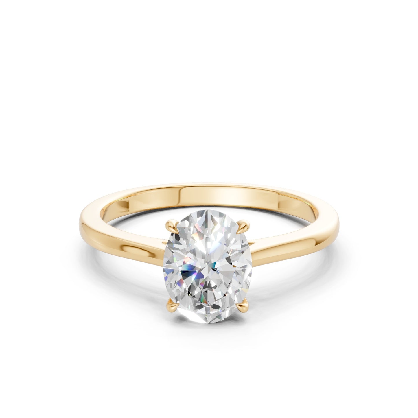 Frontal view of the Oval Radiance 1.5 CT Diamond Ring in yellow gold, featuring a luminous oval-cut center diamond with matching side stones in a timeless golden setting.