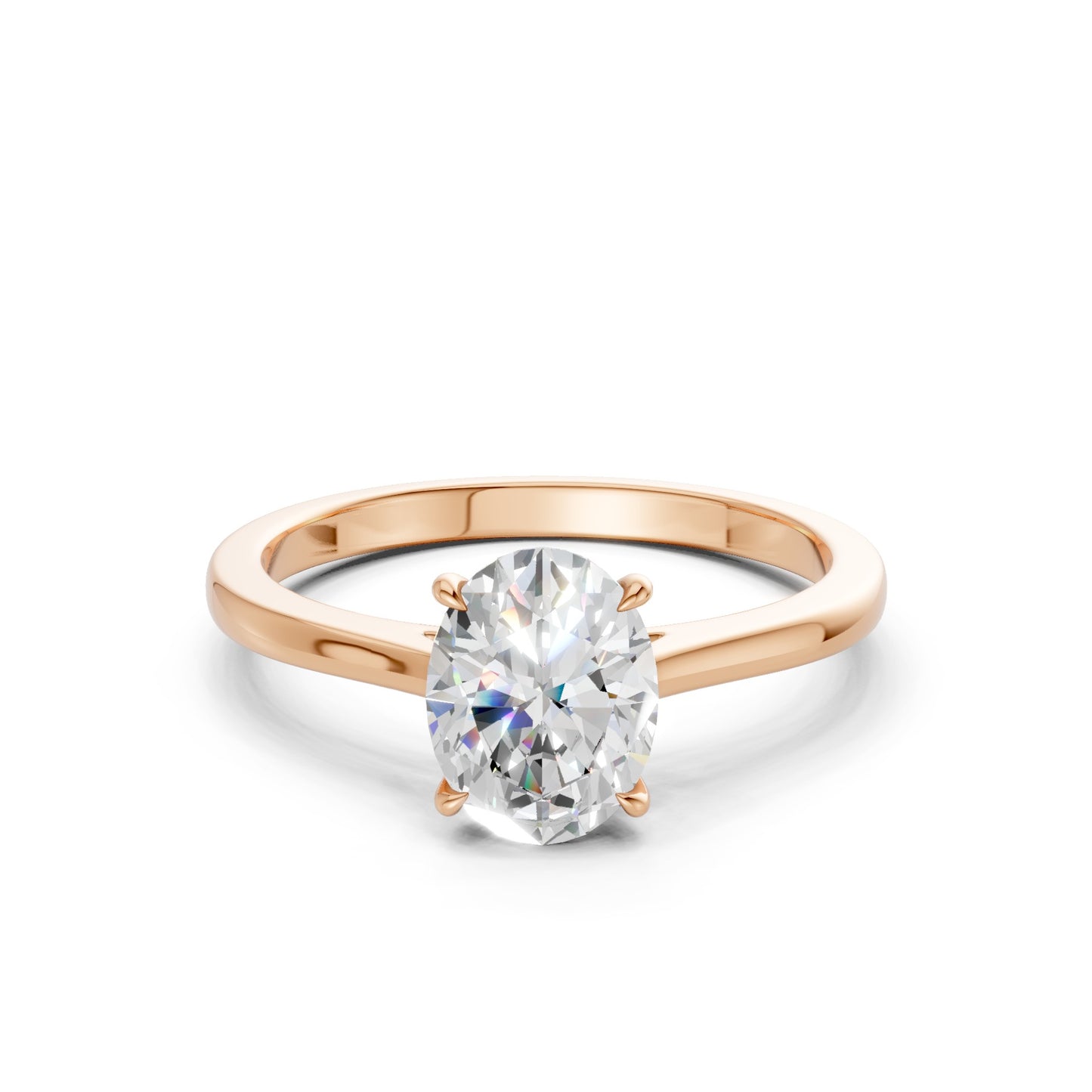 Frontal view of the Oval Radiance 1.5 CT Diamond Ring in rose gold, showcasing a brilliant oval-cut center diamond flanked by side stones, all set in a romantic rose hue.