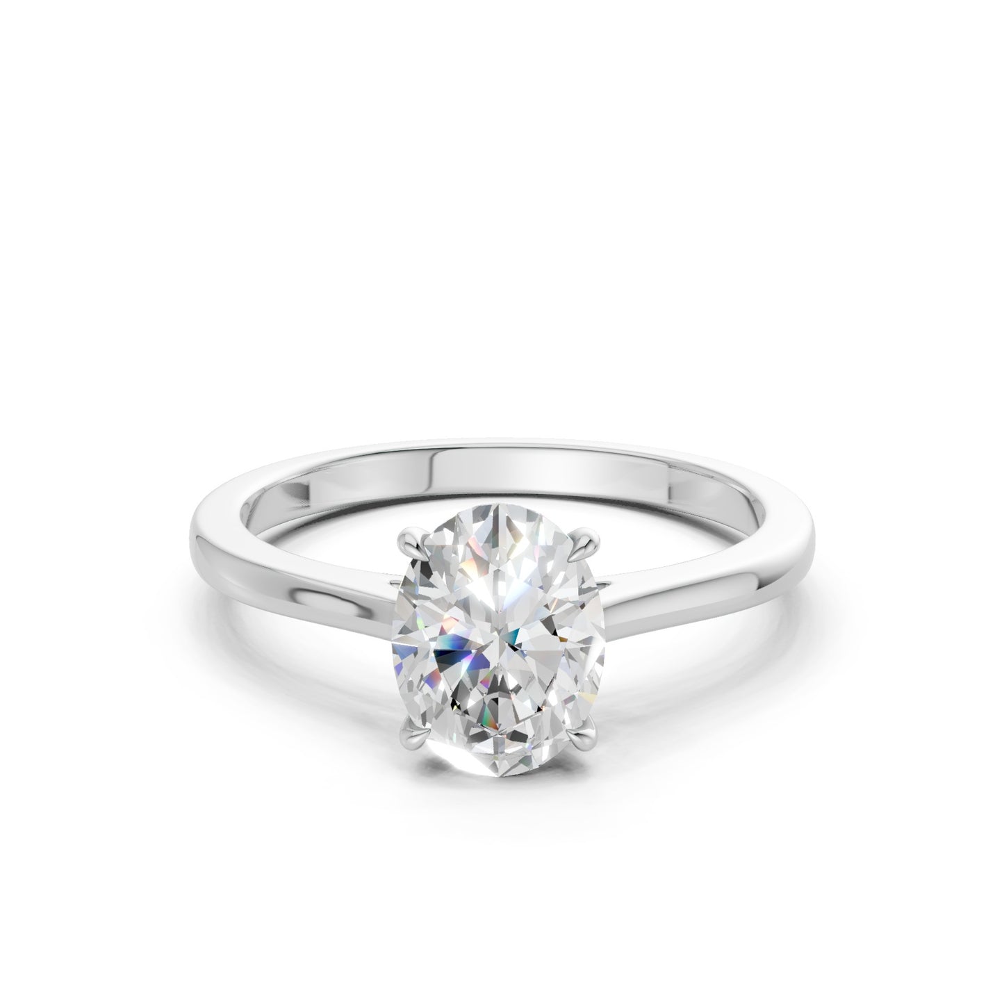 Frontal view of the Oval Radiance 1.5 CT Diamond Ring in white gold, with a dazzling oval-cut diamond center and matching side stones in a clean, contemporary frame.