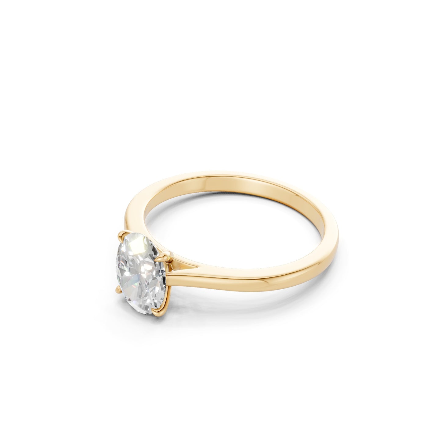 Profile view highlighting the gracefully elevated center stone and the structured yellow gold band that cradles the trio.