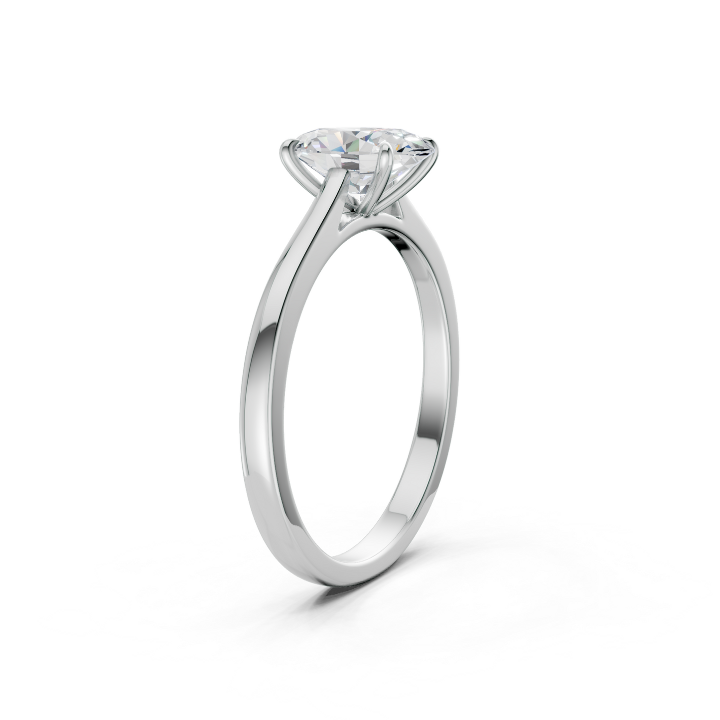 Top-down view presenting the full symmetry and sparkle of the oval and side diamonds in a cool-toned setting.