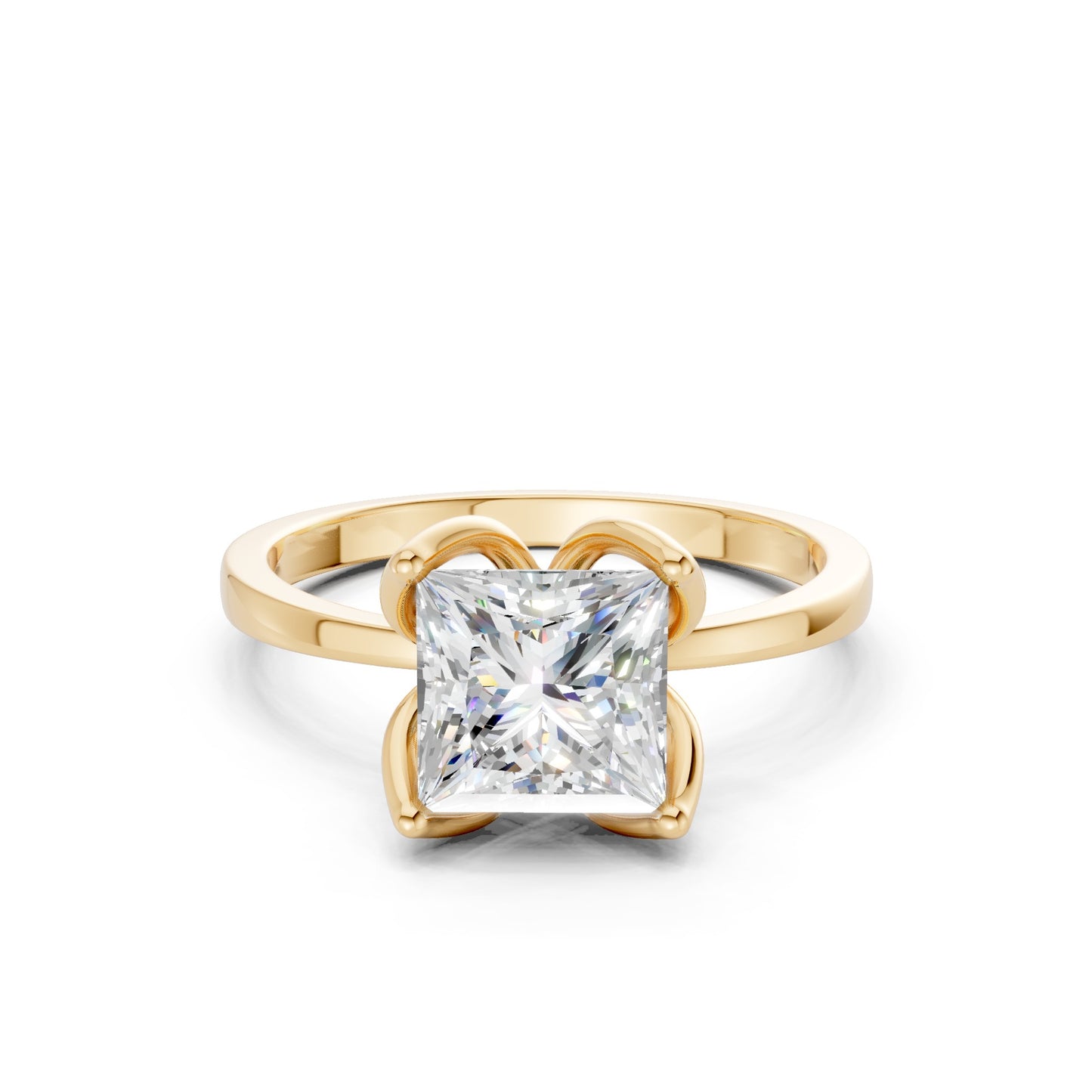 Centered view of a dazzling 1.5 CT princess-cut diamond set in a four-prong yellow gold basket, exuding refined geometry.