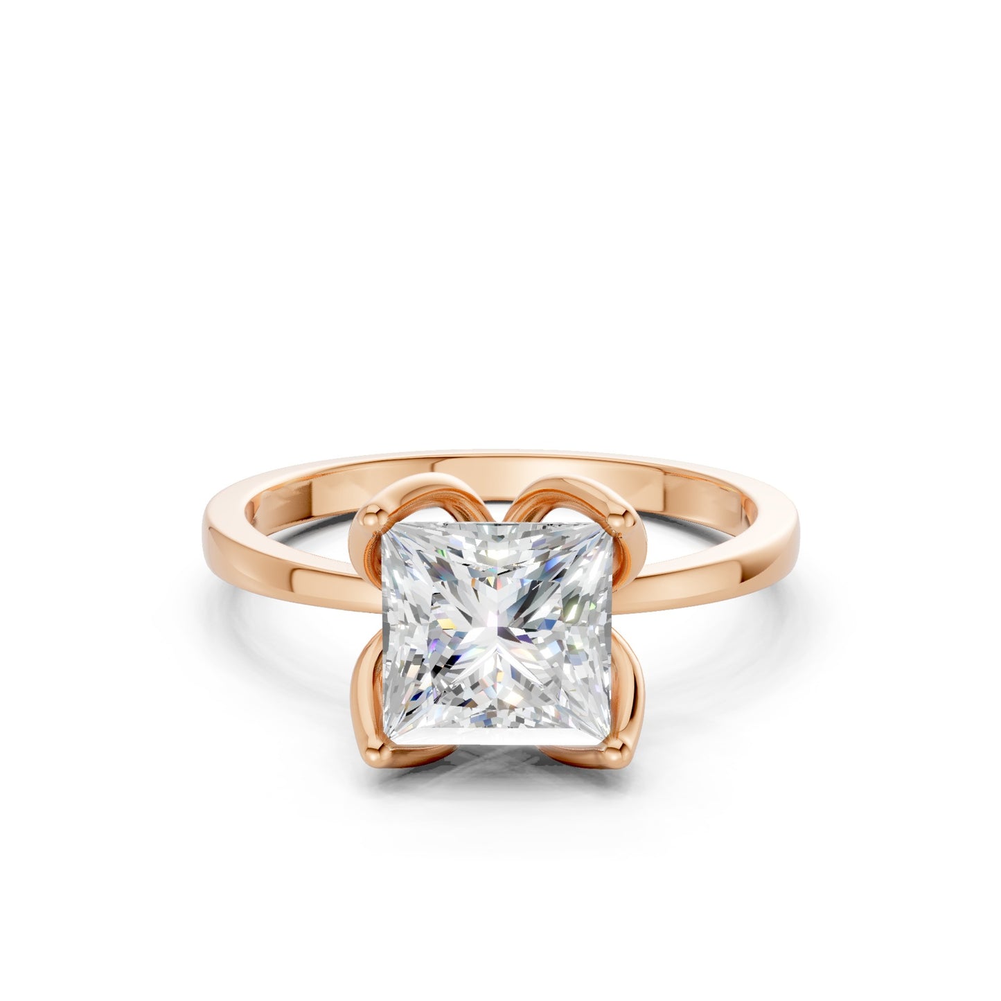 Frontal elegance of a 1.5 CT princess-cut diamond perched in a sculptural four-prong basket atop a polished rose gold band.