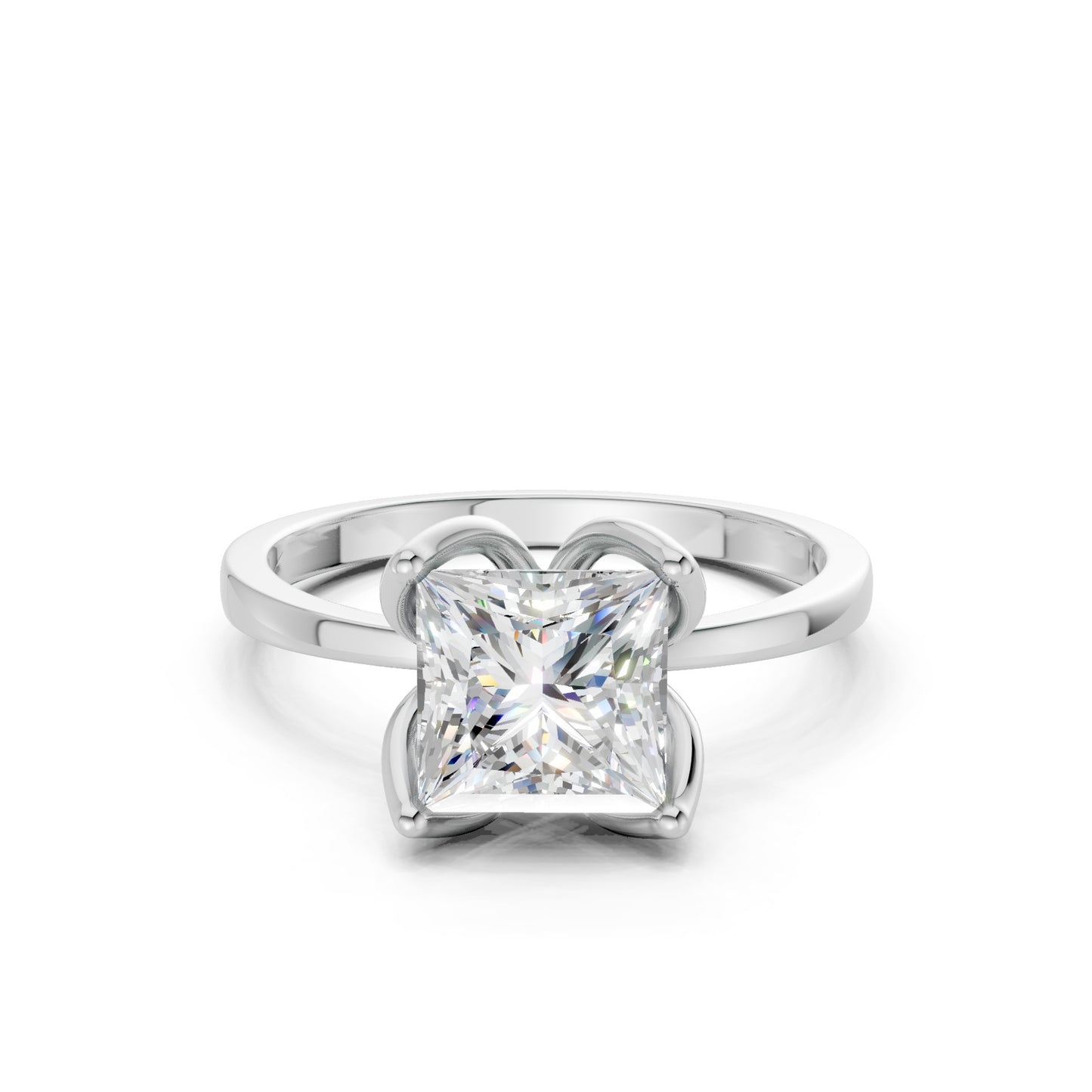 Front-facing view of a 1.5 CT princess-cut diamond solitaire ring, mounted in a polished white gold setting of timeless clarity.