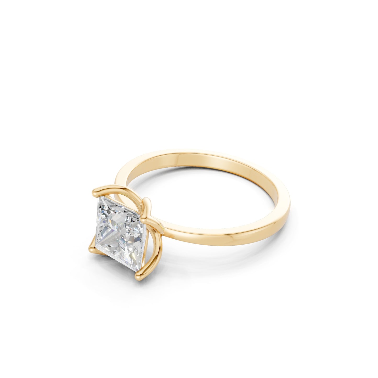 Elegant profile showing the ring’s structured setting, where the diamond rises gracefully above the polished yellow gold band.