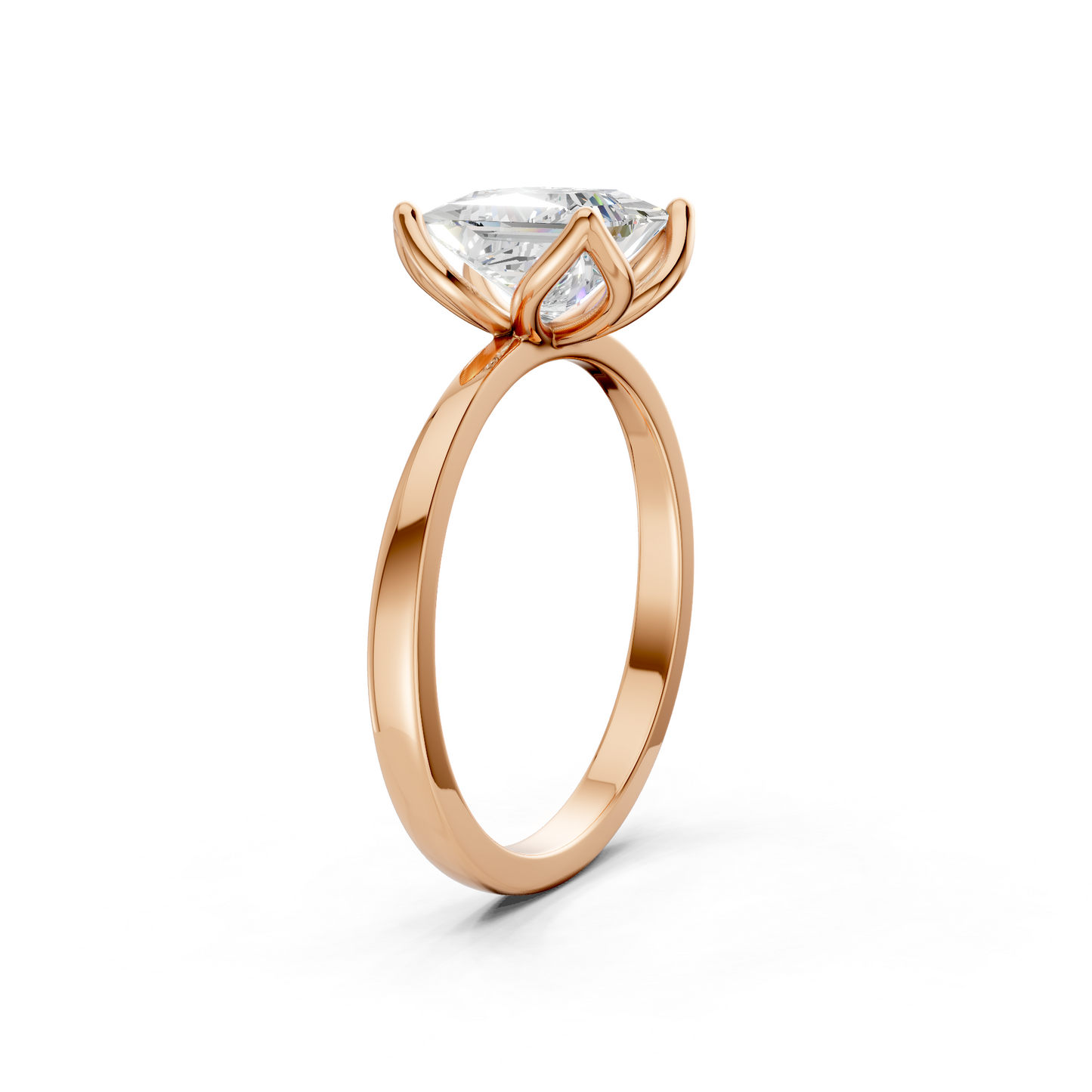 Elegant profile showing the ring’s structured setting, where the diamond rises gracefully above the polished rose gold band.
