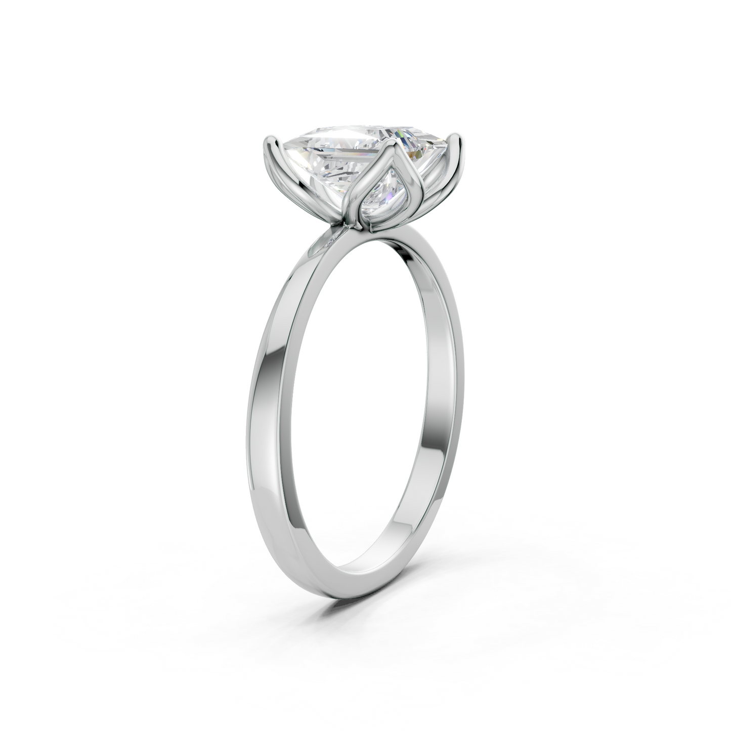 A clean and balanced overhead view showcasing geometric brilliance against a white gold band.