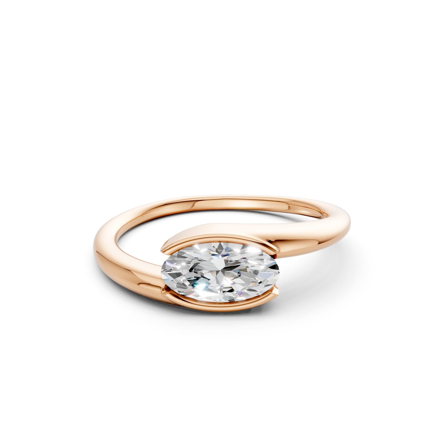 Frontal view of the Oval Embrace 1.00 CT Diamond Ring in rose gold, highlighting the soft curves of the oval-cut diamond set in a warm, romantic hue.