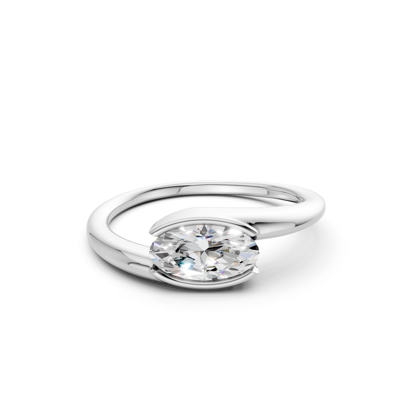 Frontal view of the Oval Embrace 1.00 CT Diamond Ring in white gold, highlighting the icy brilliance of the oval diamond against a cool-toned setting.
