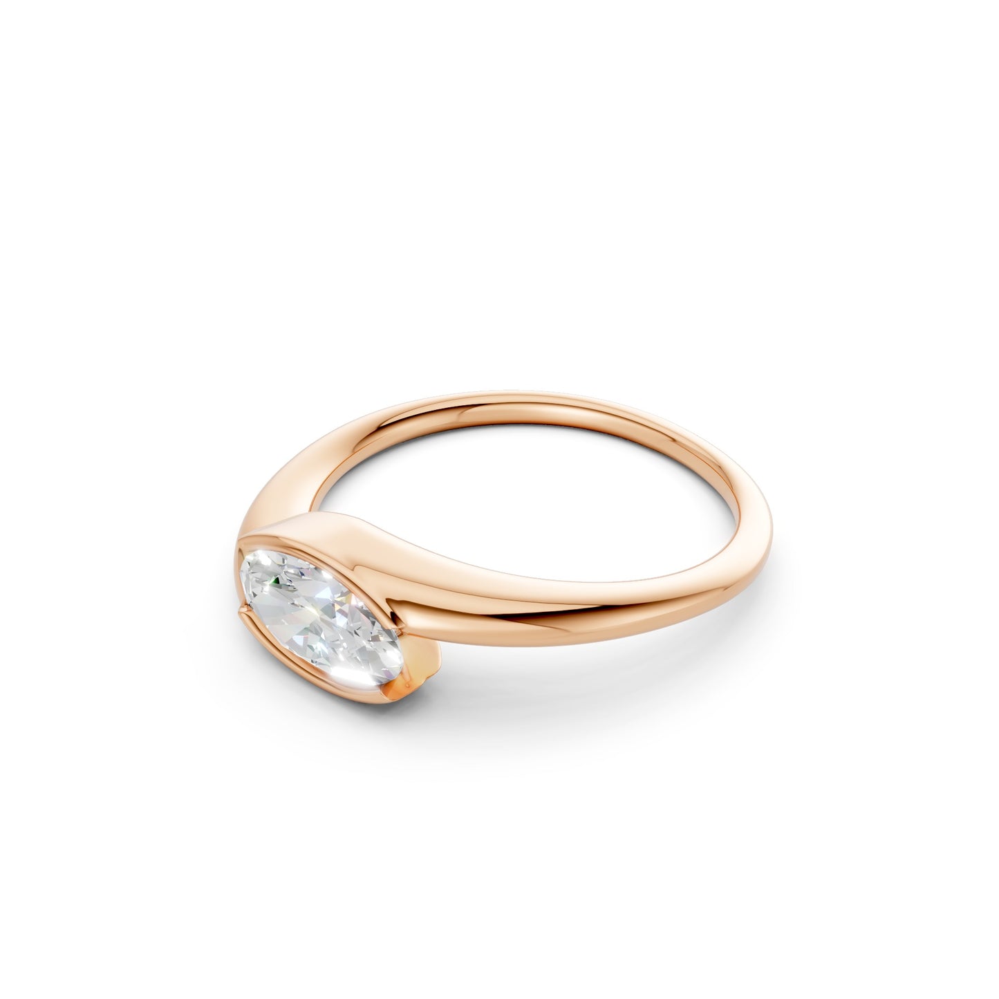 Side profile of the Oval Embrace ring in rose gold, showcasing the elevated setting and the delicate curvature of the polished band.