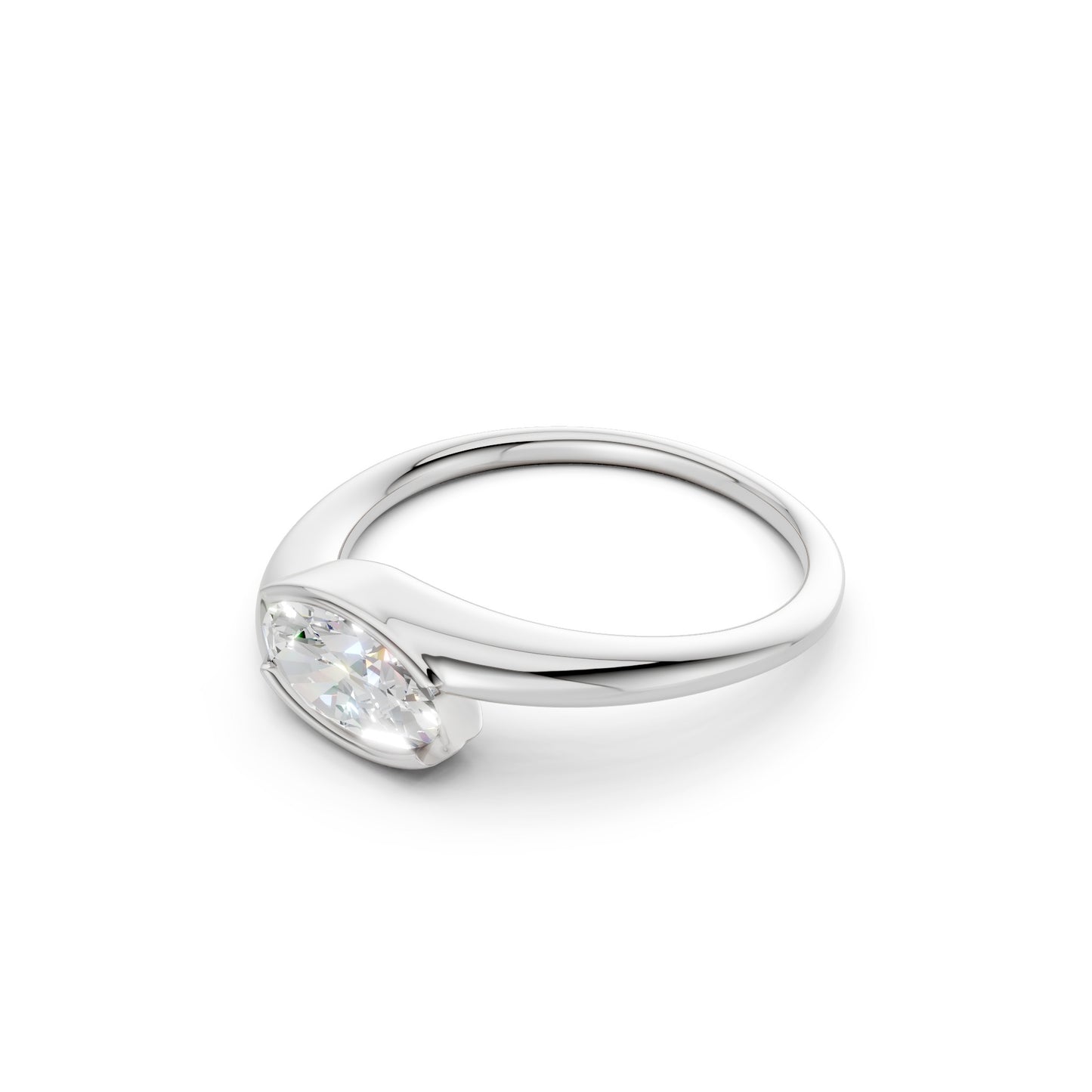 Side profile of the ring in white gold, showcasing the lifted mount and the sleek, modern elegance of its streamlined band.