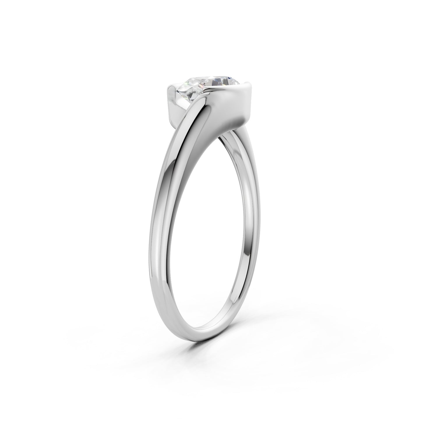 Overhead view of the ring in white gold, presenting the oval diamond’s silhouette and the refined symmetry of the design.