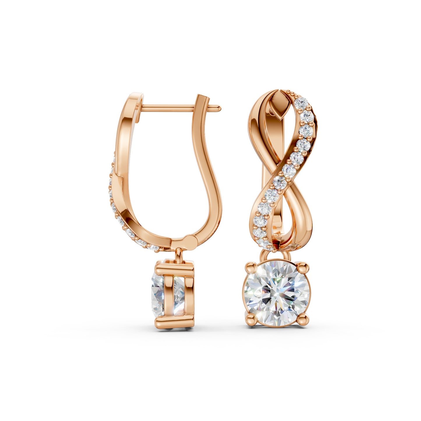 Full view of Infinity Embrace Diamond Earrings in 18K rose gold with 2.18 ct lab-grown diamonds, displaying the complete infinity motif against a white background.