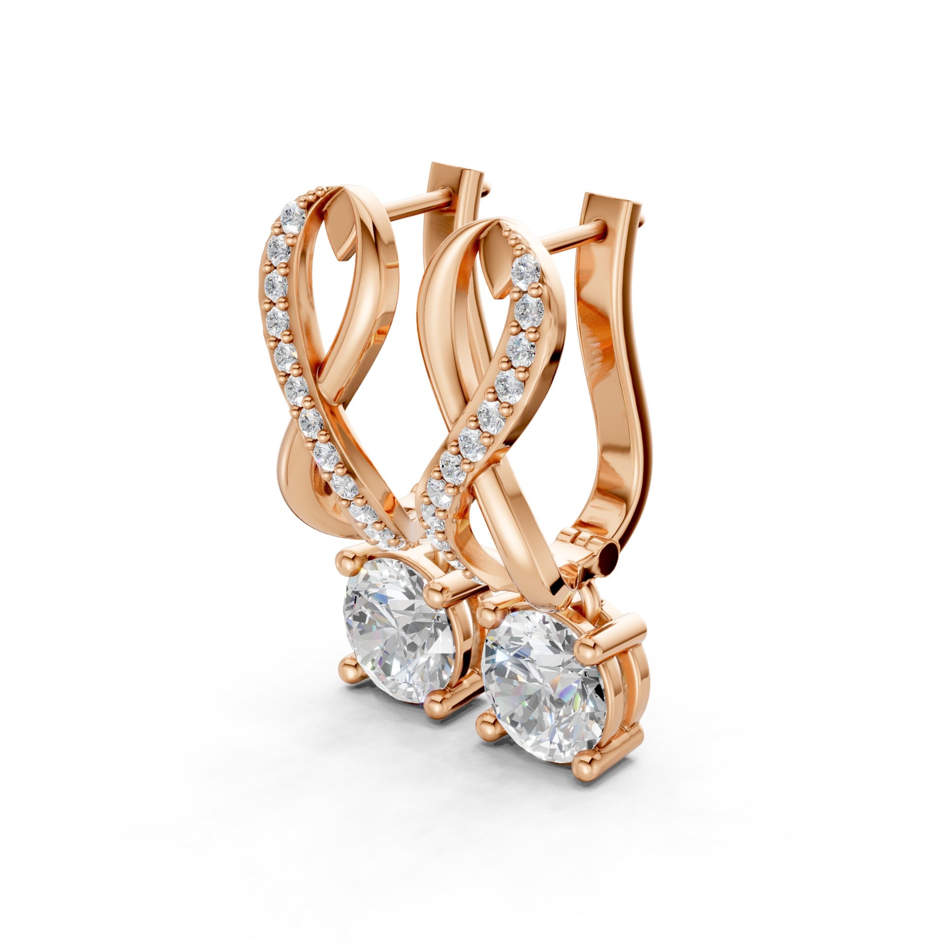 Side view of Infinity Embrace Diamond Earrings in 18K rose gold, highlighting the graceful profile and embrace of 2.18 ct lab-grown diamonds in infinity design.