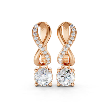 Front view of Infinity Embrace Diamond Earrings in 18K rose gold, showcasing 2.18 ct lab-grown round brilliant diamonds in a warm infinity motif with sparkling accents.