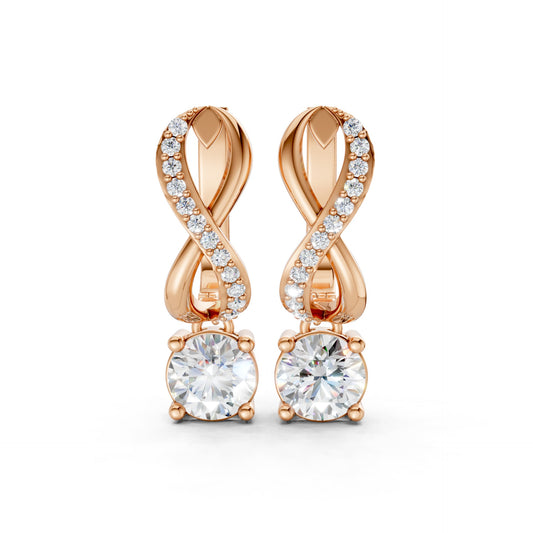 Front view of Infinity Embrace Diamond Earrings in 18K rose gold, showcasing 2.18 ct lab-grown round brilliant diamonds in a warm infinity motif with sparkling accents.