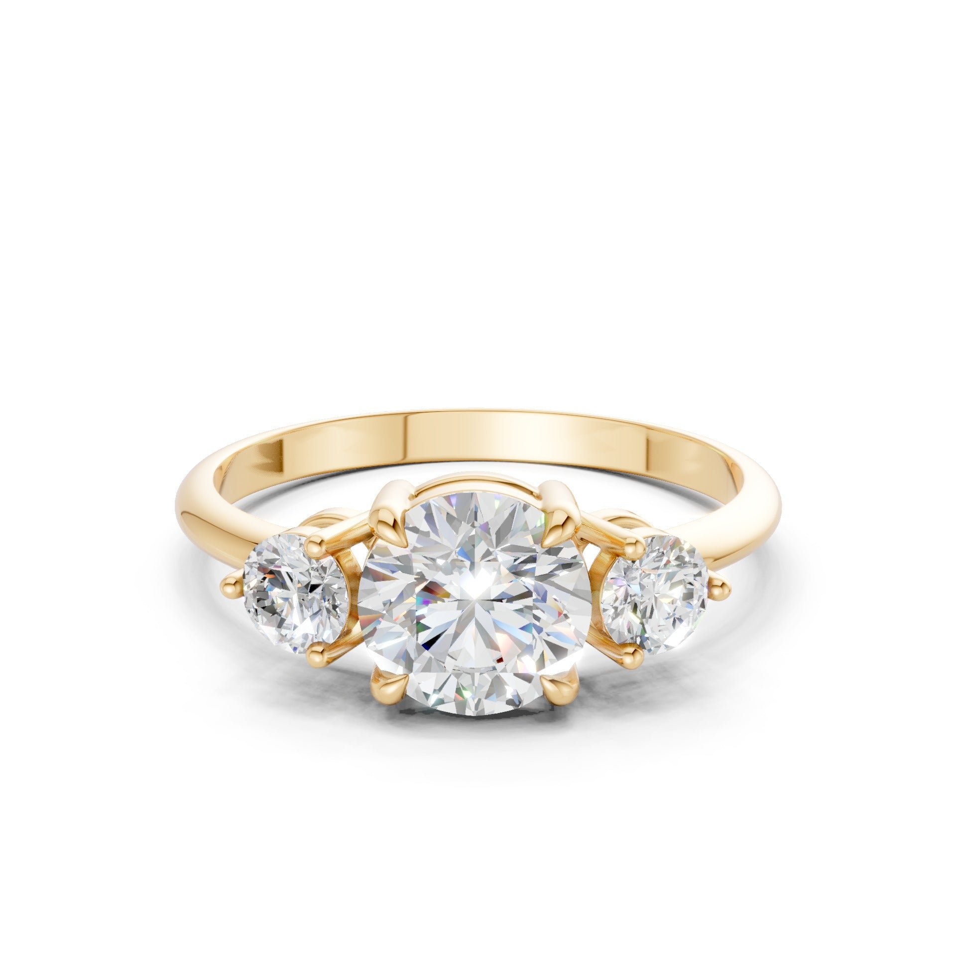 Frontal view of the Triple Shine 1.3 CT Diamond Ring in yellow gold, featuring three radiant diamonds that shine with harmony and classic golden warmth.