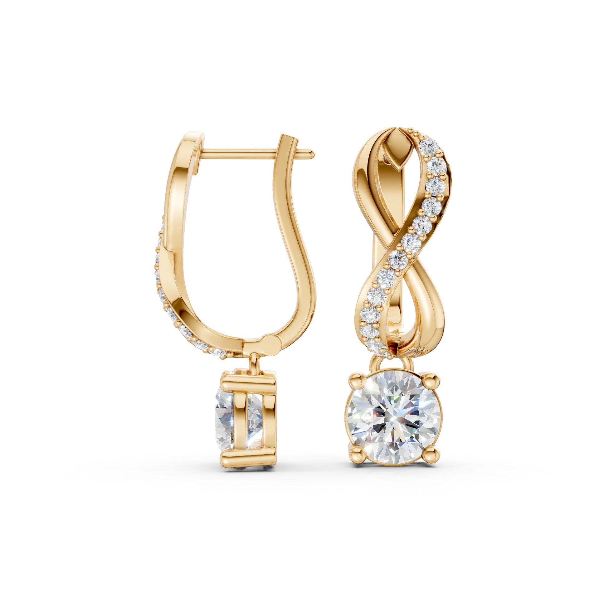 Full view of Infinity Embrace Diamond Earrings in 18K yellow gold with 2.18 ct lab-grown diamonds, displaying the complete infinity motif against a white background.