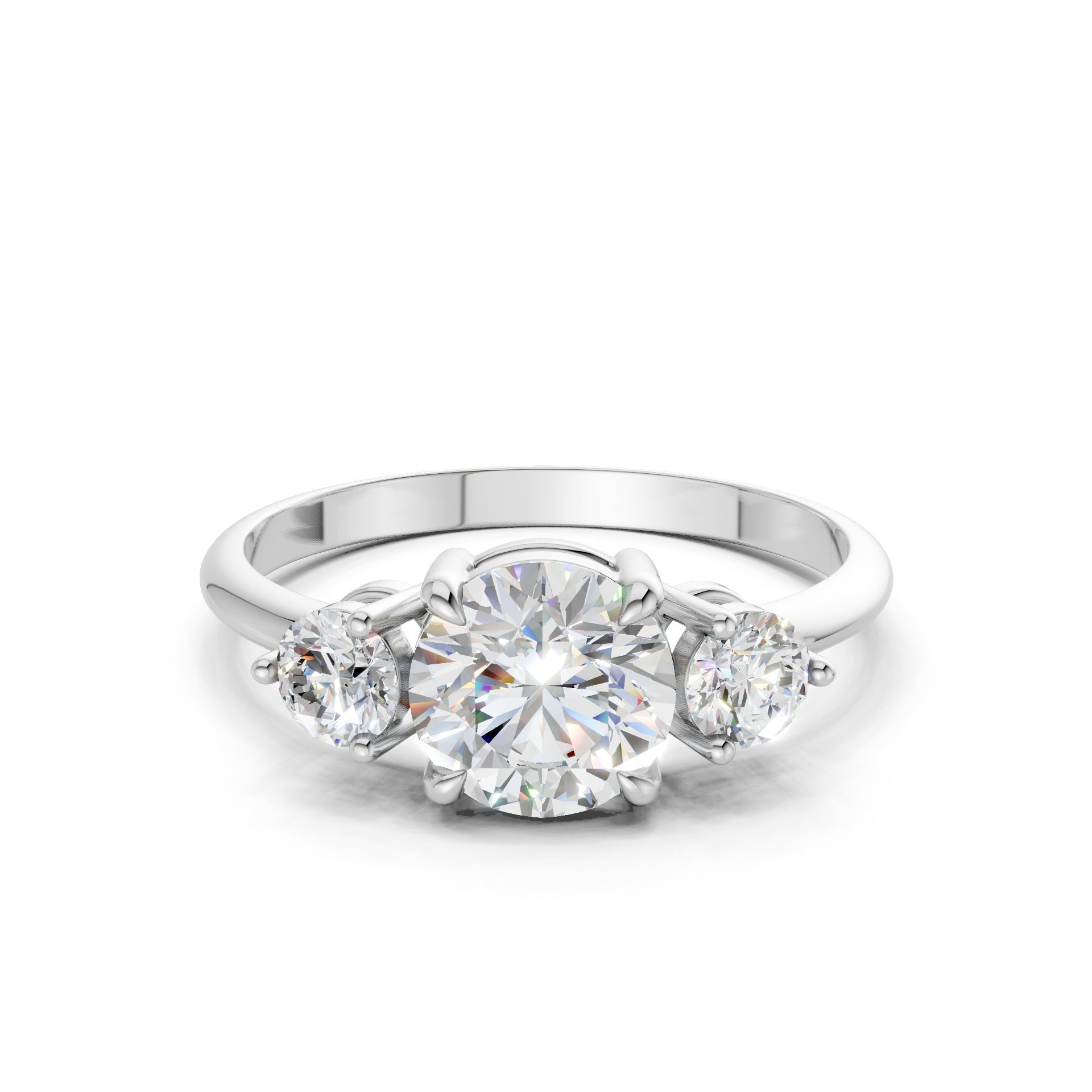 Frontal view of the Triple Shine 1.3 CT Diamond Ring in white gold, showcasing three perfectly aligned diamonds in a sleek and icy setting.