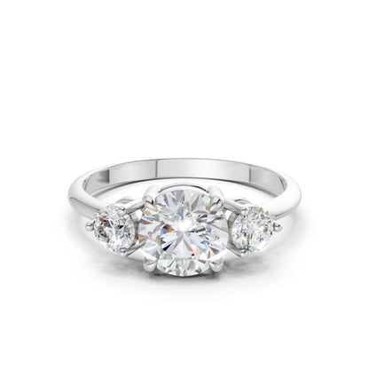 Frontal view of the Triple Shine 1.3 CT Diamond Ring in white gold, showcasing three perfectly aligned diamonds in a sleek and icy setting.