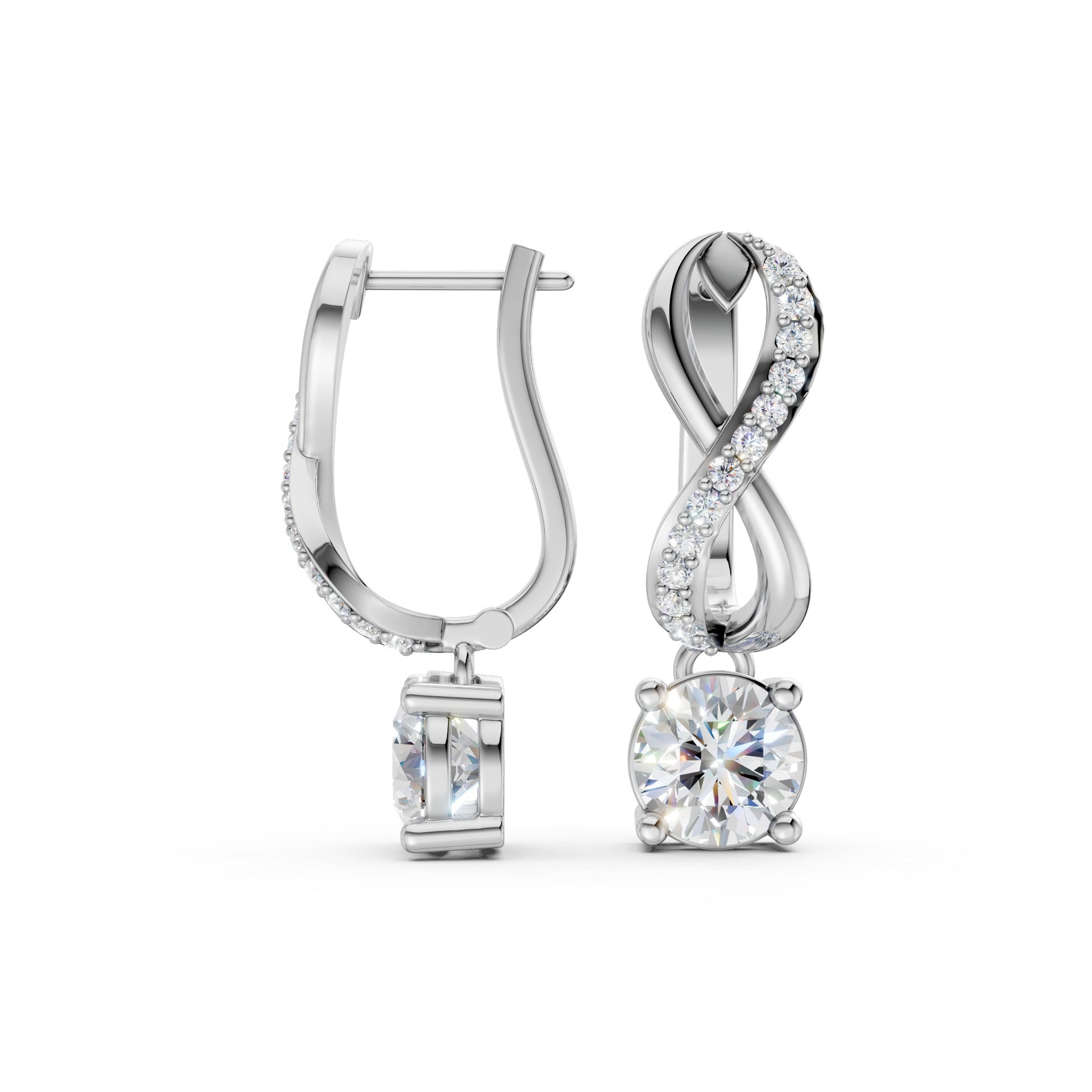 Full view of Infinity Embrace Diamond Earrings in 18K white gold with 2.18 ct lab-grown diamonds, displaying the complete infinity motif against a white background.