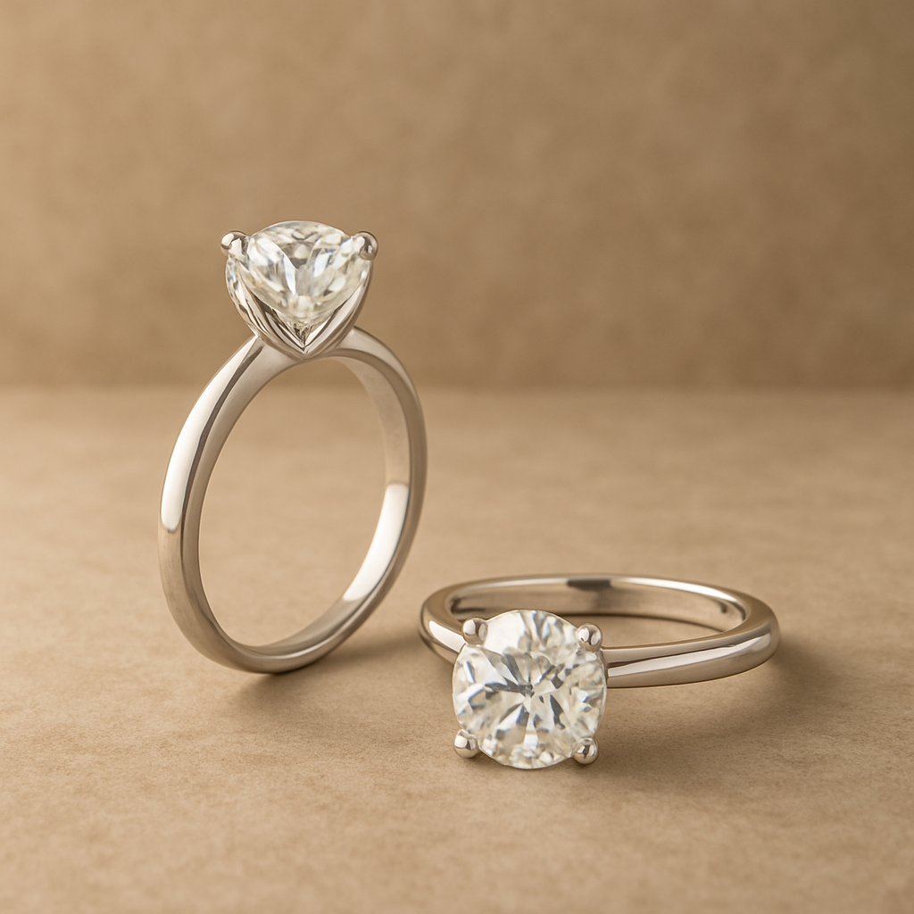 Platinum engagement ring featuring a lab-grown round brilliant diamond, set in a classic solitaire design, showcasing timeless elegance and radiant sparkle, ideal for proposals or special occasions.