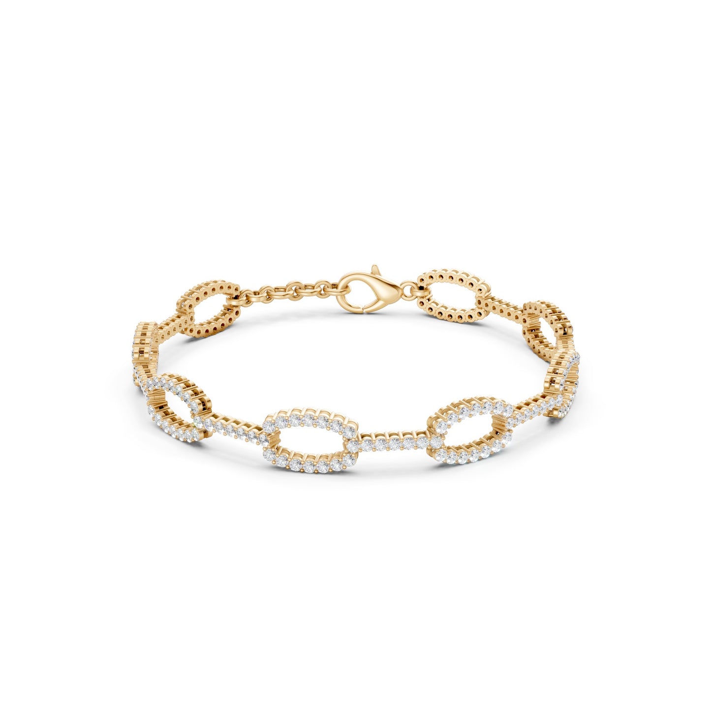 Bold front display of oval yellow gold links, fully pavé-set with 182 round diamonds totaling 3.27 CT, exuding architectural elegance.