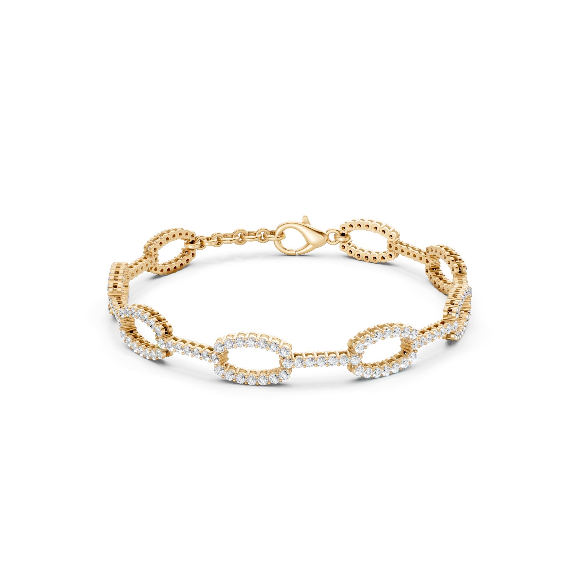 Bold front display of oval yellow gold links, fully pavé-set with 182 round diamonds totaling 3.27 CT, exuding architectural elegance.