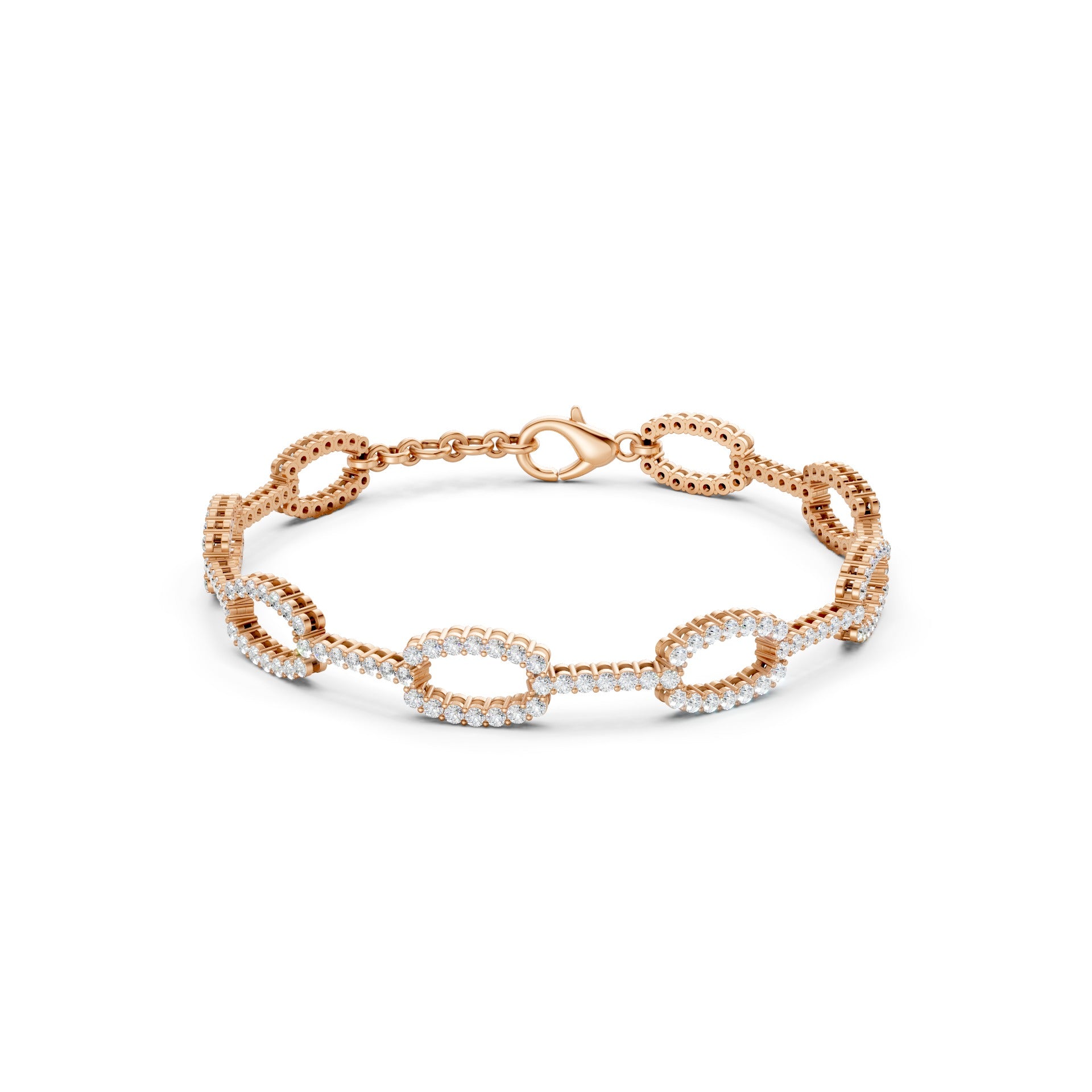 Bold front display of oval rose gold links, fully pavé-set with 182 round diamonds totaling 3.27 CT, exuding architectural elegance.