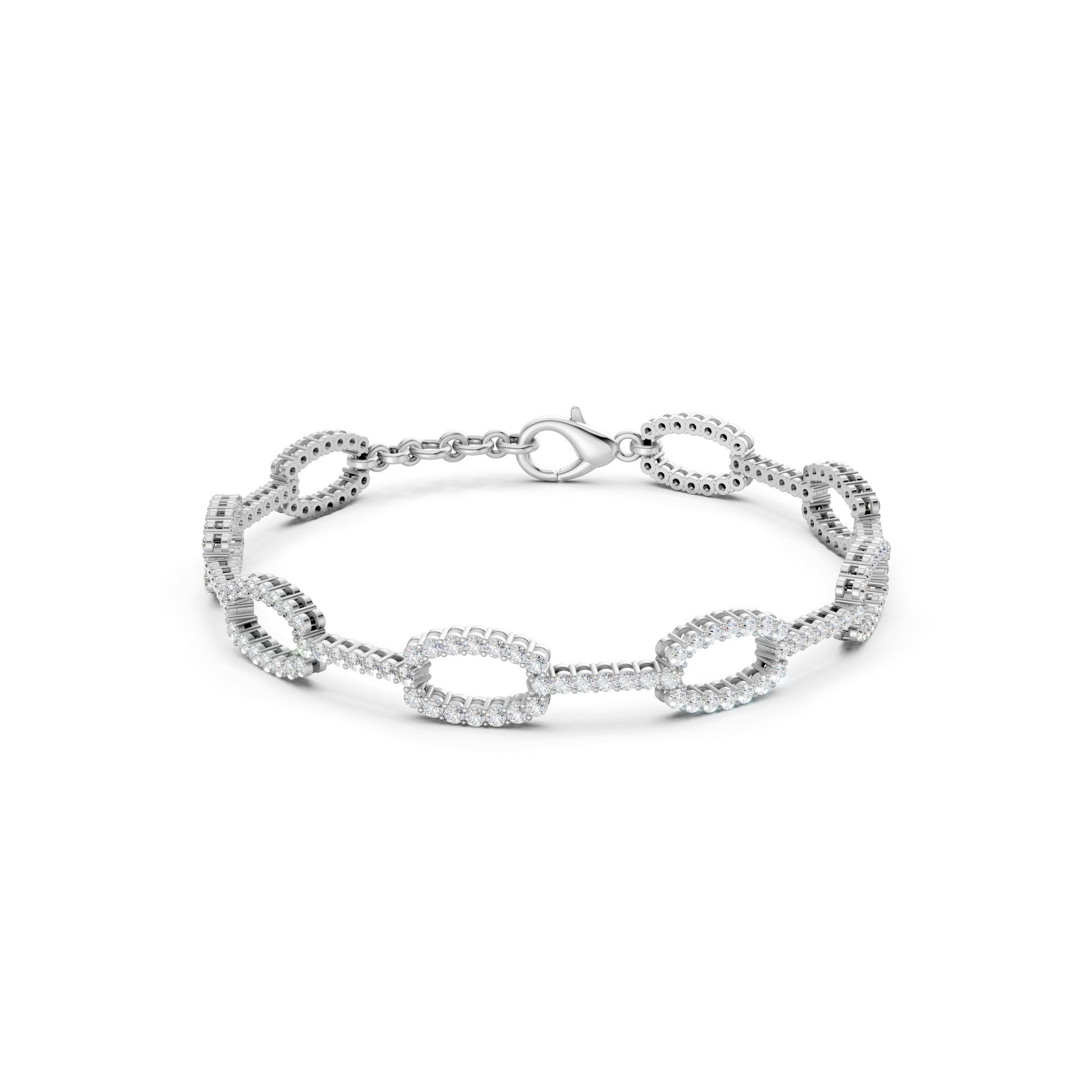 Front view of the bold and architectural Diamond Link bracelet, with sculptural oval links pavé-set with 182 diamonds totaling 3.27 CT, all set in luminous white gold.