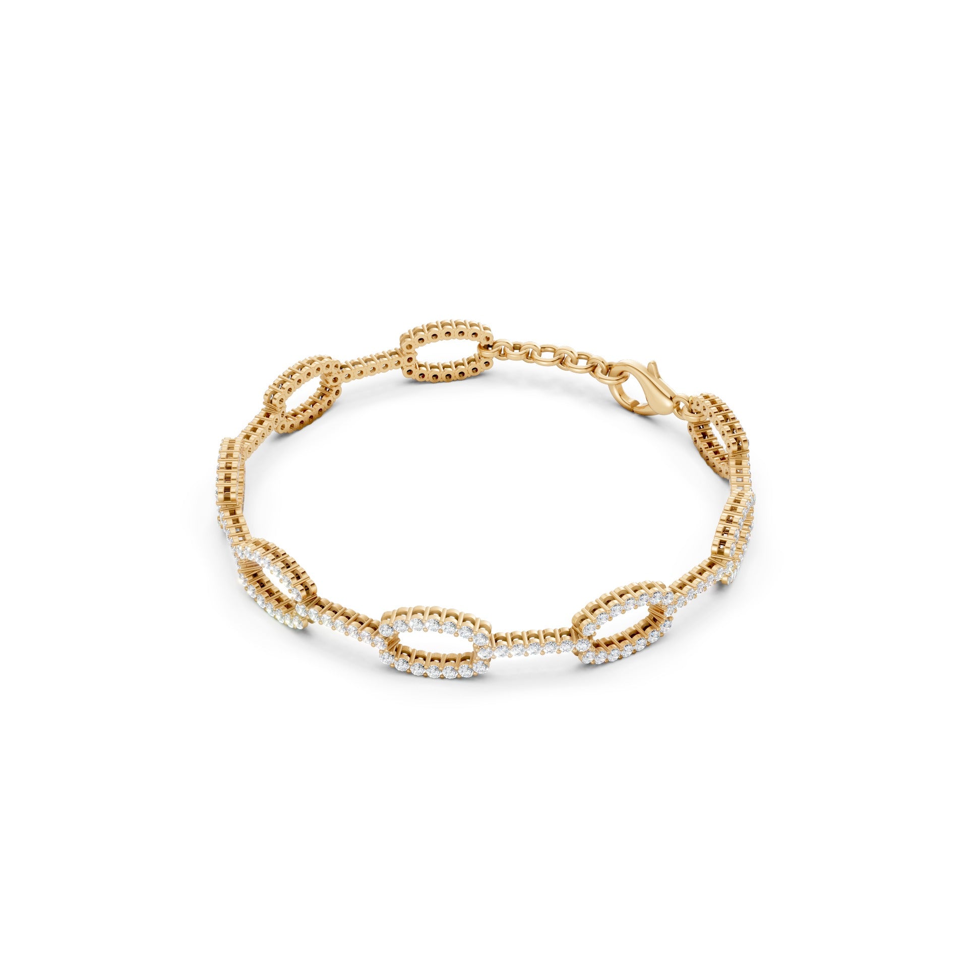 Sculptural profile emphasizing the bracelet’s substantial yellow gold link structure and encrusted diamond surfaces.
