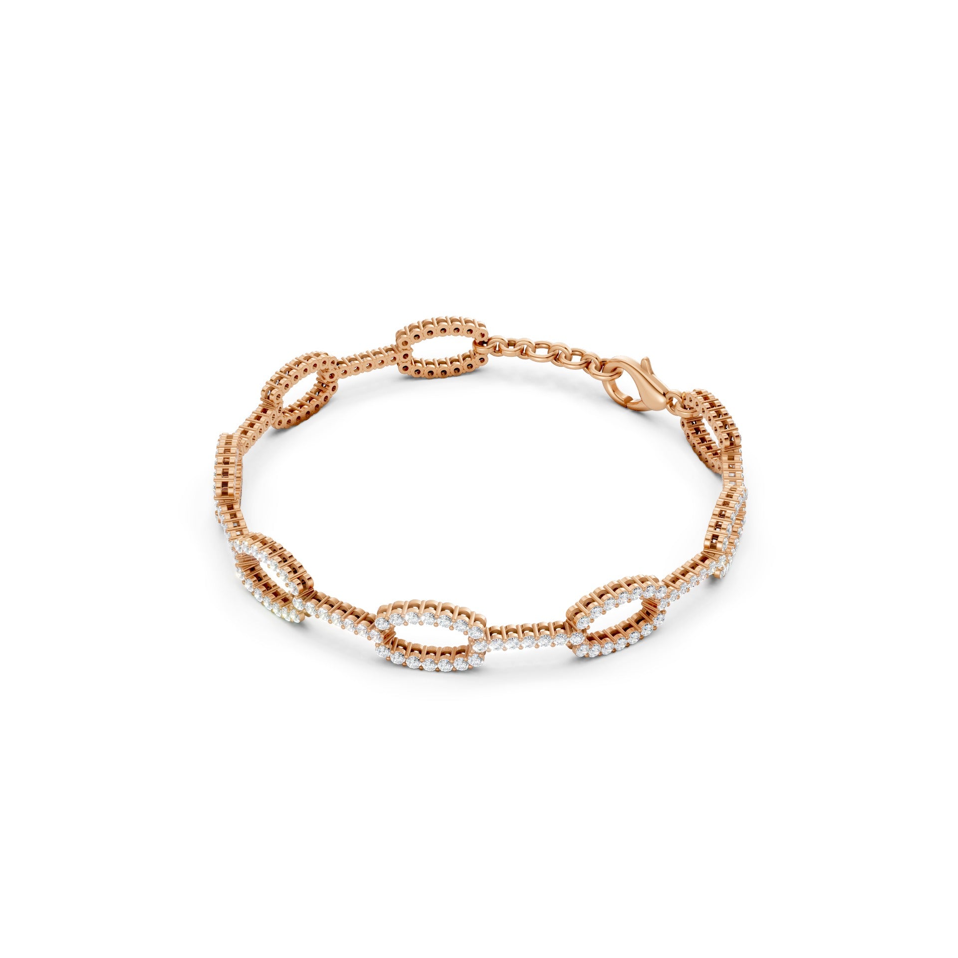 Sculptural profile emphasizing the bracelet’s substantial rose gold link structure and encrusted diamond surfaces.