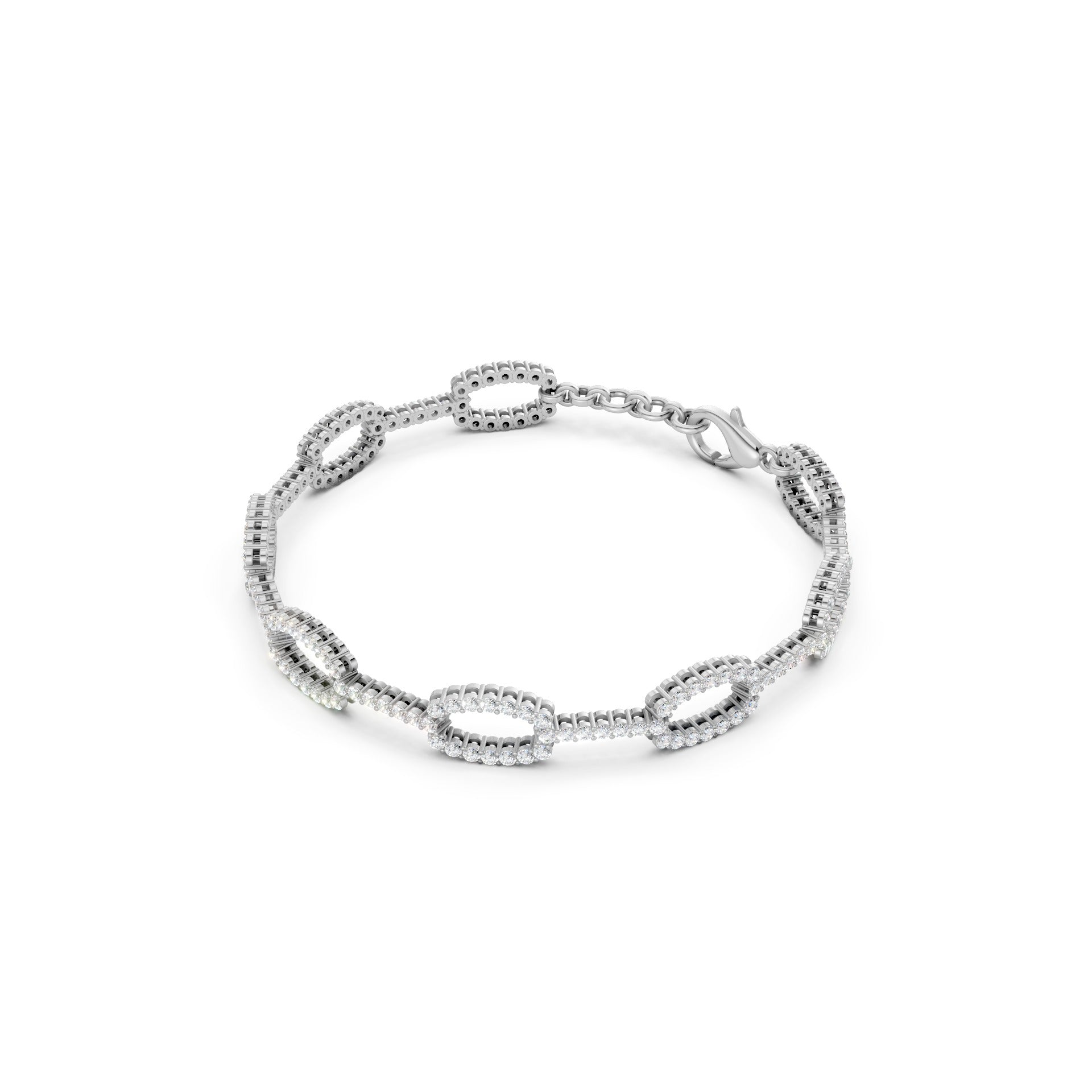 Sculpted side view revealing the bracelet’s dimensional structure and icy brilliance across its polished white gold links.