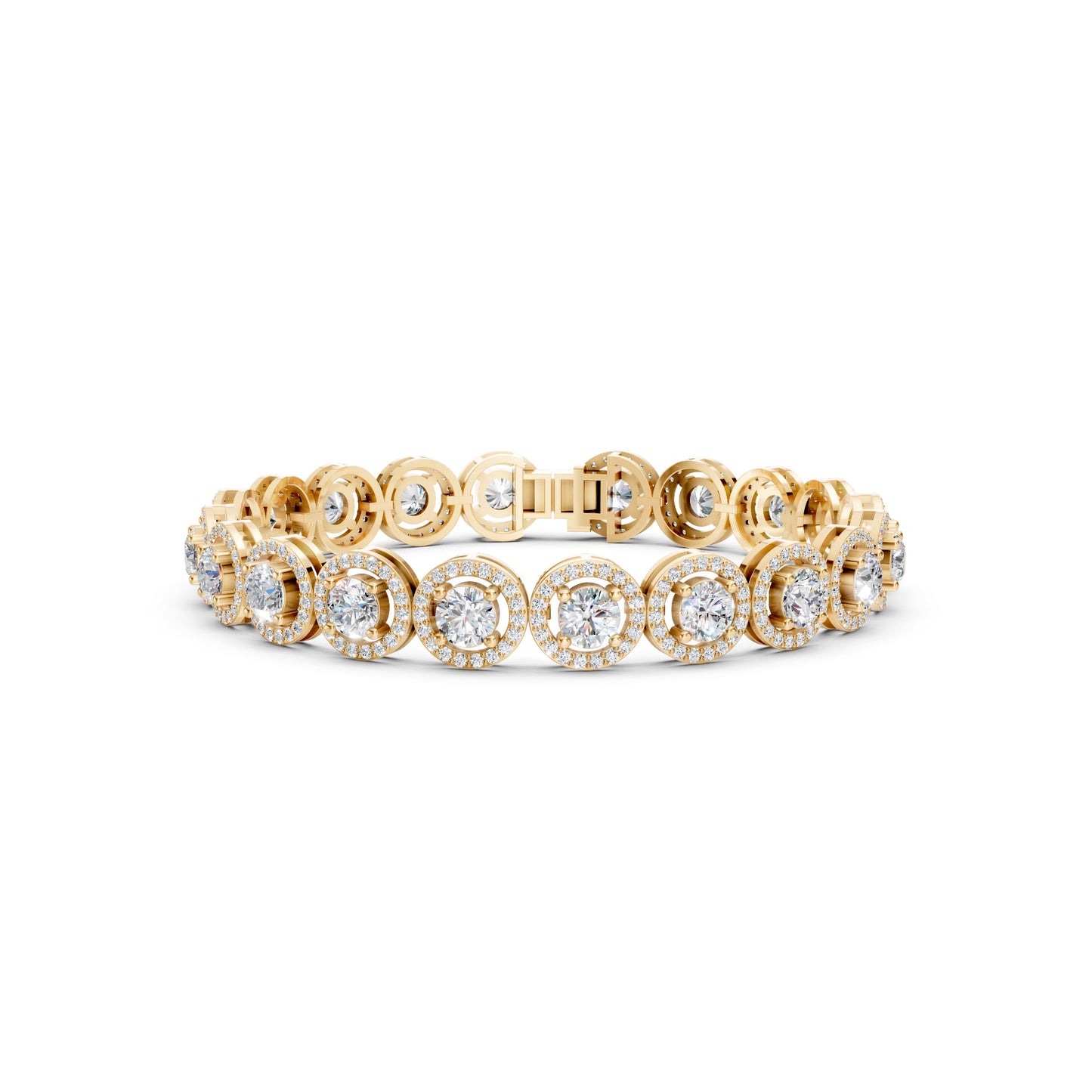 Frontal view of the Regal Halo Diamond 8.50 CT Bracelet in yellow gold, with radiant round diamonds encircled in golden halos for a timelessly luxurious effect.