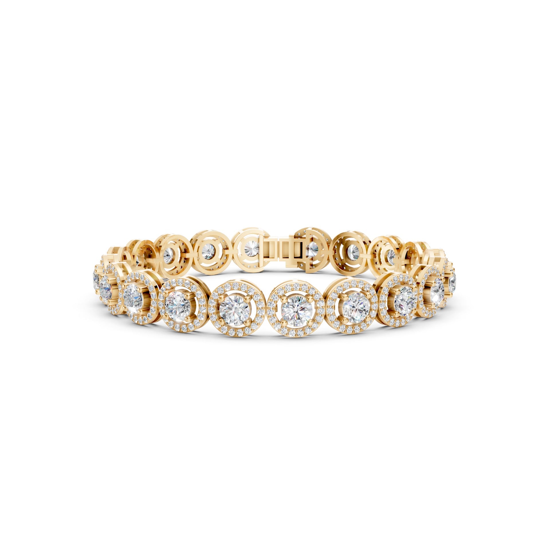 Frontal view of the Regal Halo Diamond 8.50 CT Bracelet in yellow gold, with radiant round diamonds encircled in golden halos for a timelessly luxurious effect.