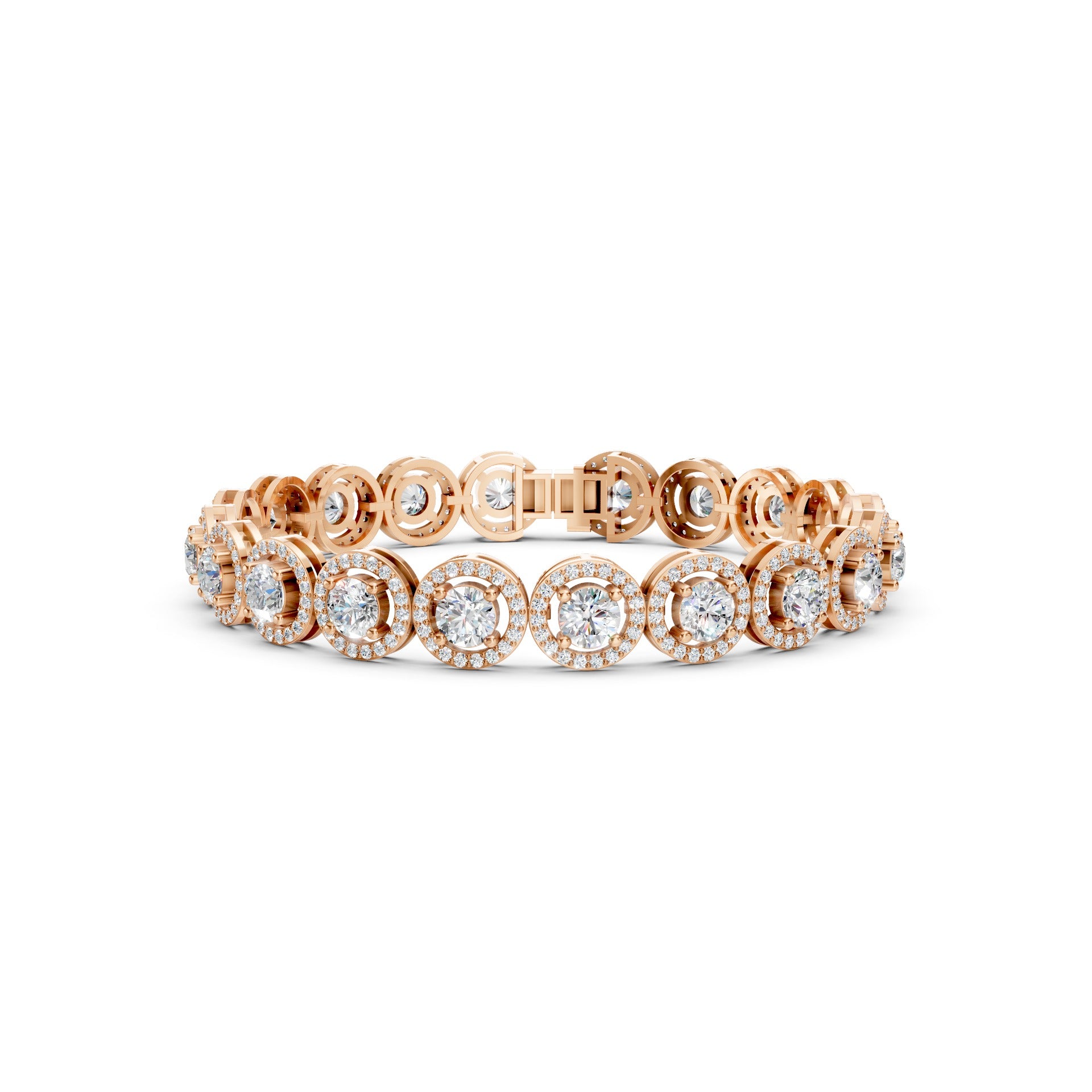 Frontal view of the Regal Halo Diamond 8.50 CT Bracelet in rose gold, showcasing a series of halo-set round diamonds glowing with romantic warmth and elegance.