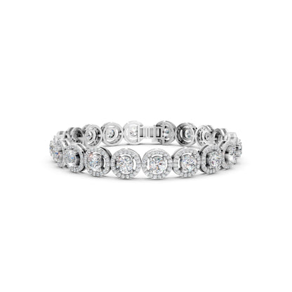 Frontal view of the Regal Halo Diamond 8.50 CT Bracelet in white gold, featuring round diamonds in icy, luminous halo settings.