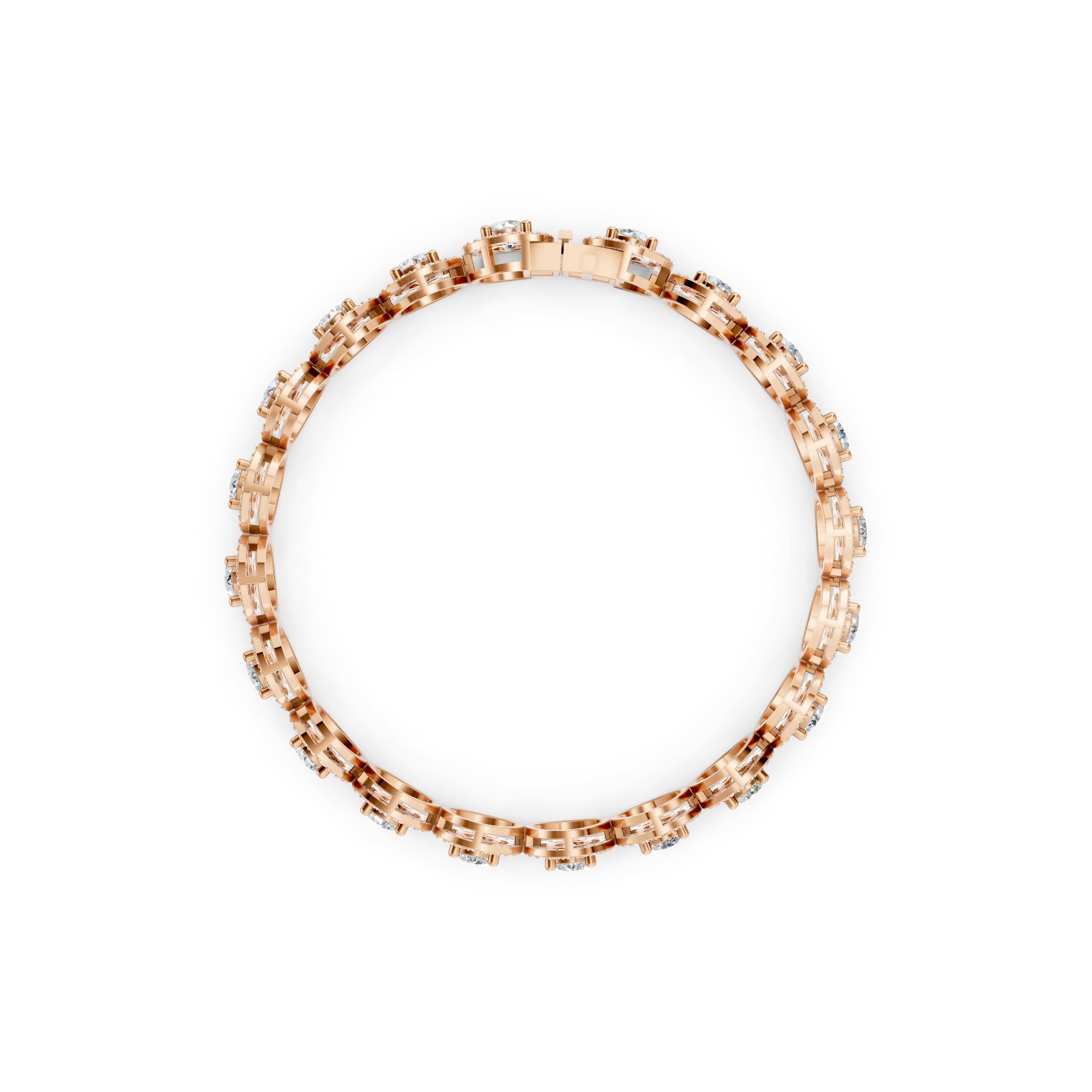 Side profile revealing the depth and structure of the halo settings, each diamond framed in luminous rose gold.