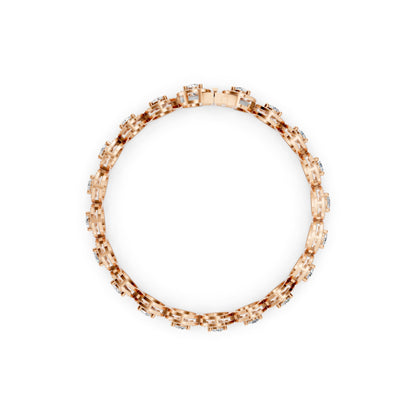 Side profile revealing the depth and structure of the halo settings, each diamond framed in luminous rose gold.