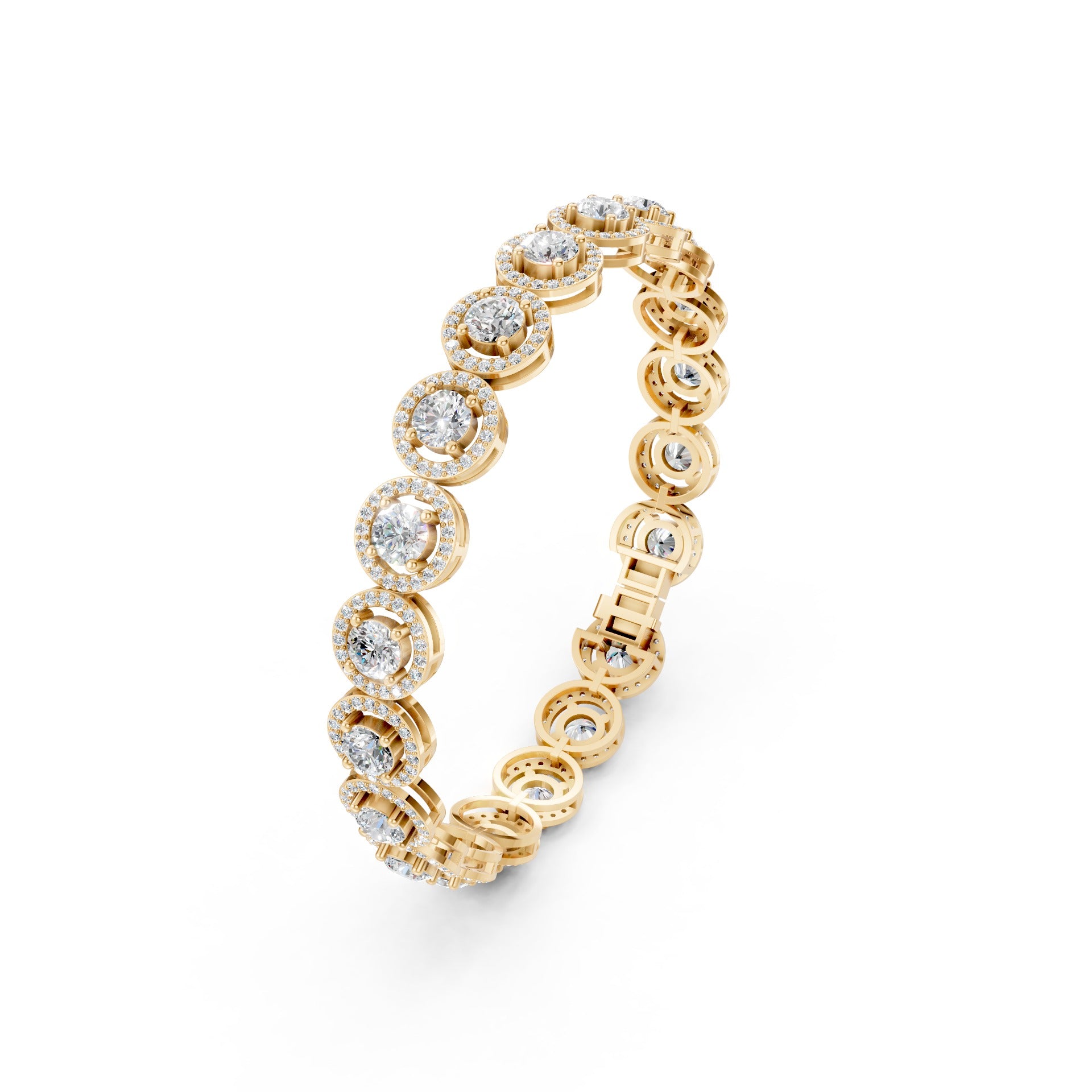 Fully laid view of the bracelet revealing the rhythmic halo arrangement of diamonds set in polished rose gold.