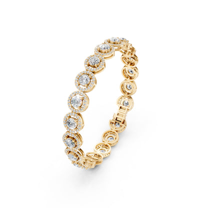 Fully laid view of the bracelet revealing the rhythmic halo arrangement of diamonds set in polished rose gold.
